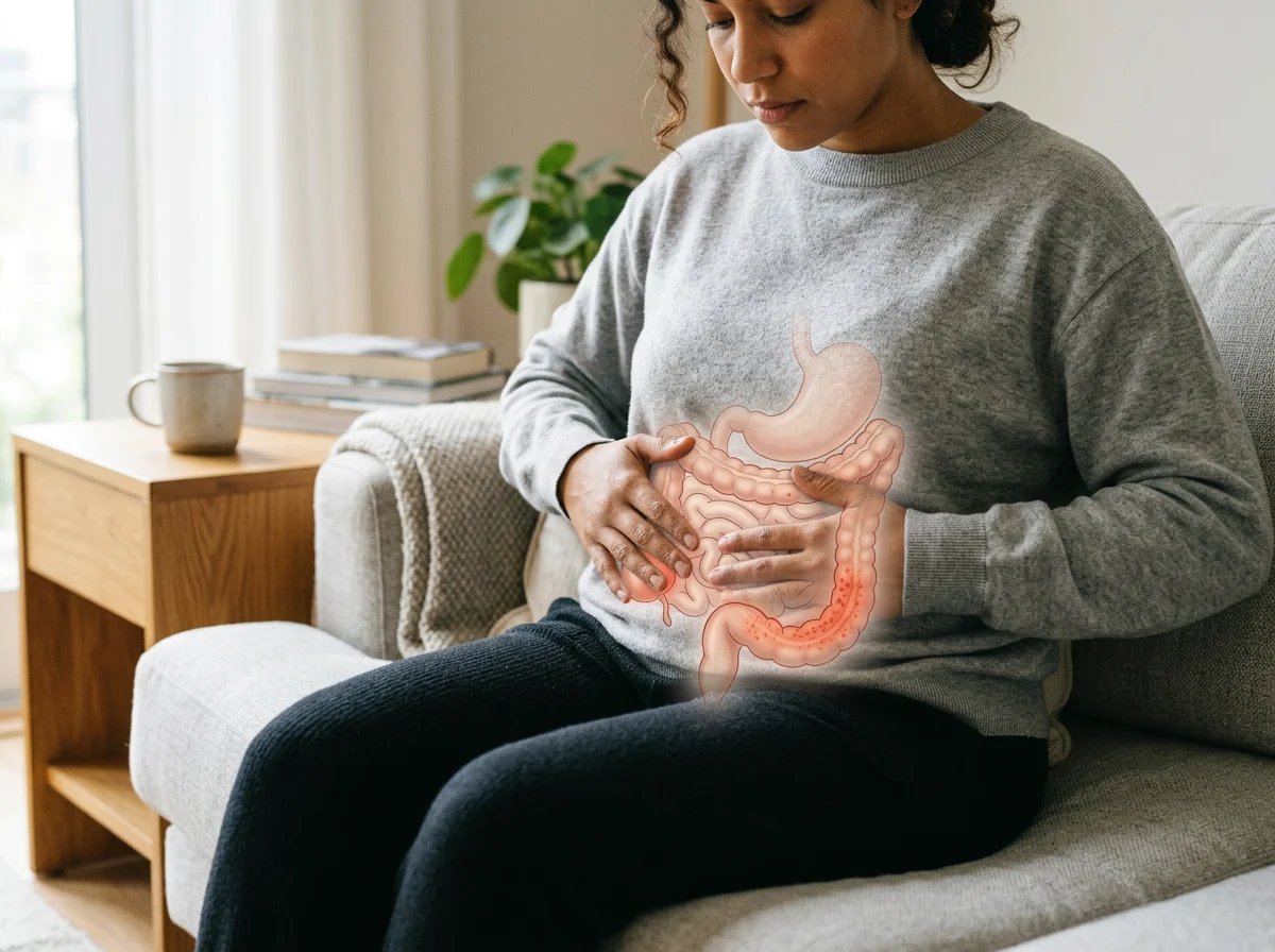 A woman sitting on a couch clutching her stomach with an illustration of the digestive system overlayed, indicating stomach and intestine pain.