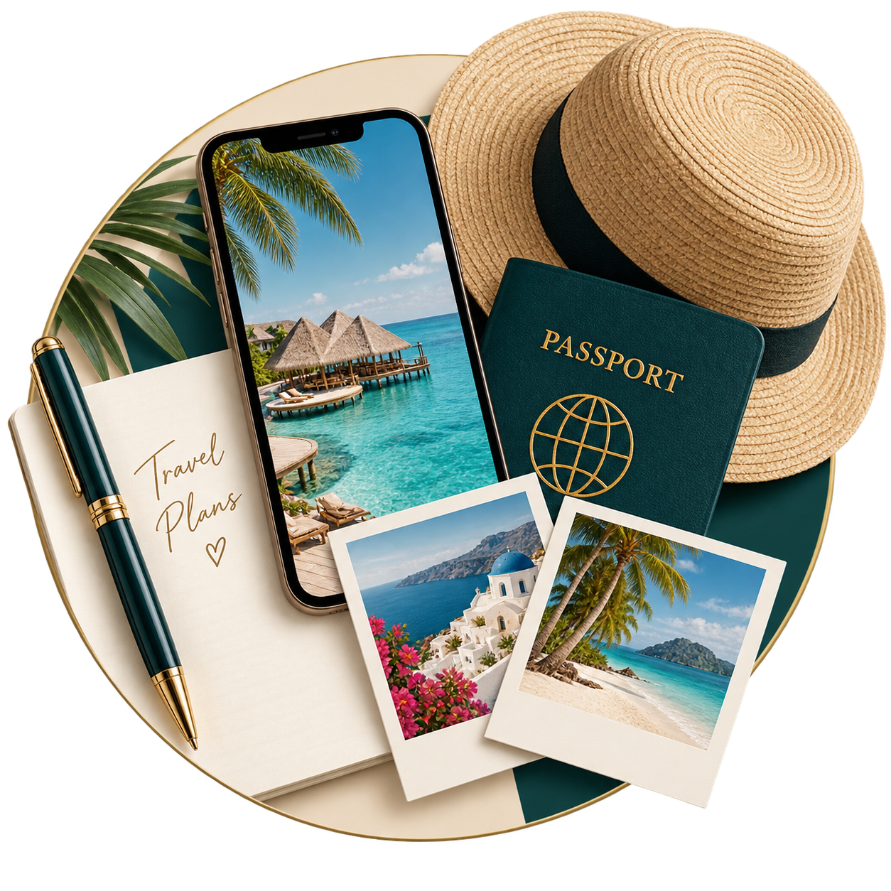 Travel essentials including a straw hat, passport, smartphone with beach scene, travel journal with pen, and travel photos of a beach and a white building with blue dome.