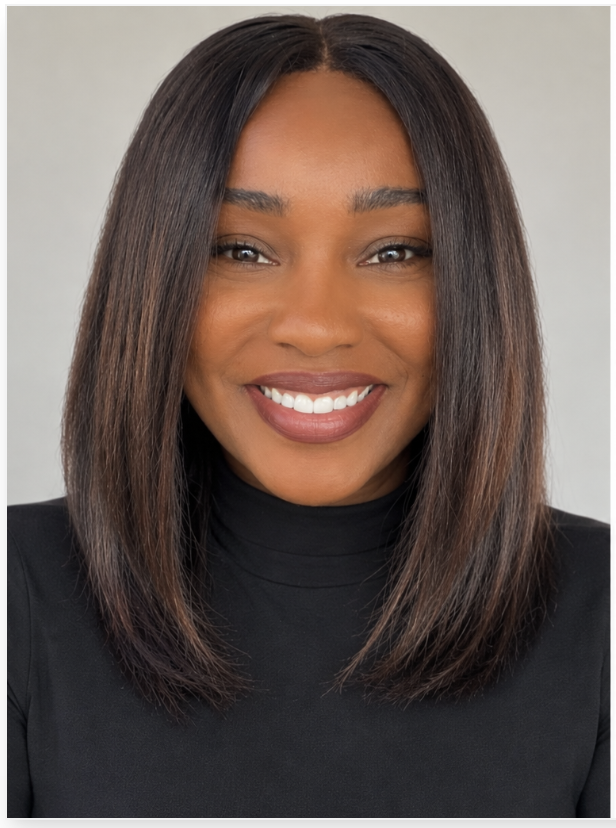A portrait of a Black woman with shoulder-length straight hair, wearing a black turtleneck, smiling against a neutral background.