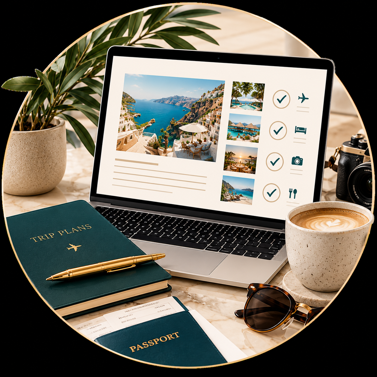 Laptop displaying a travel planning website with images of a seaside resort, a pool, and a sunset, surrounded by travel documents including a passport, trip plans, a pen, sunglasses, a coffee cup, a camera, and a potted plant.