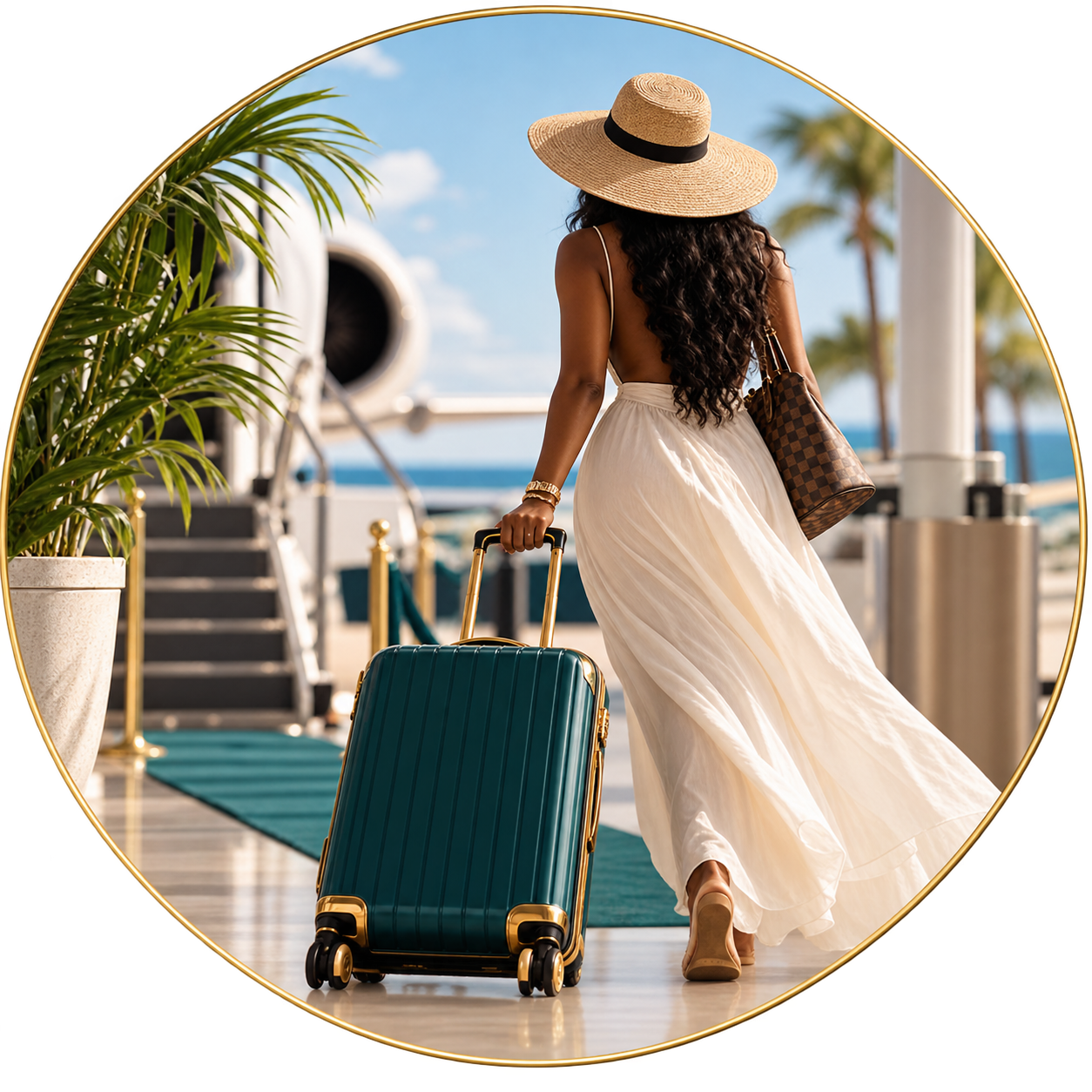 A woman with long curly hair wearing a wide-brimmed straw hat, a white flowing dress, and carrying a checkered handbag, pulling a teal suitcase at an outdoor airport or cruise terminal near the ocean, with palm trees and stairs in the background.