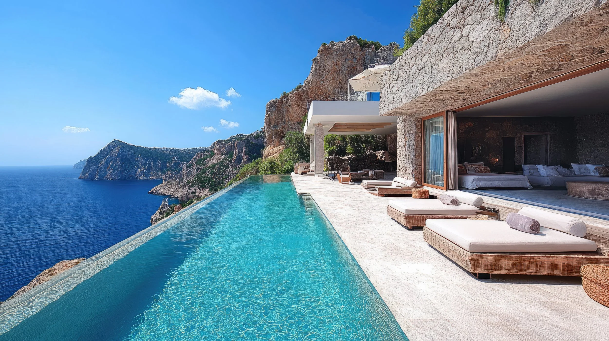 Luxury outdoor infinity pool overlooking the ocean with a cliffside view and modern patio furniture.
