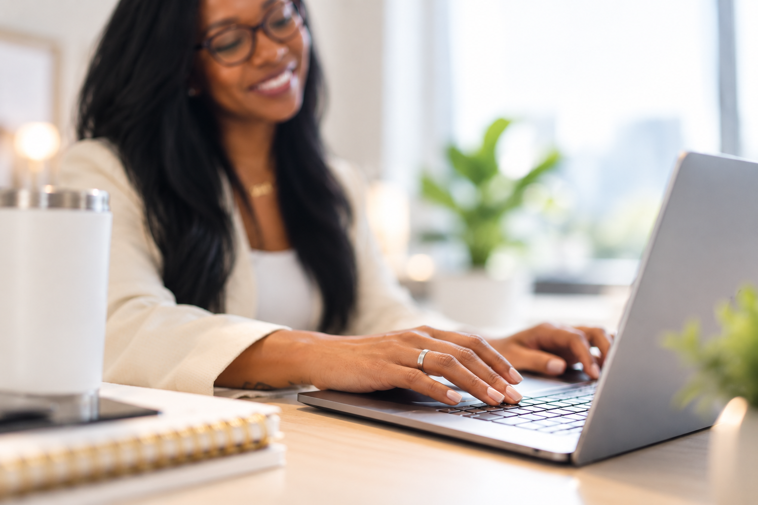 Woman with glasses working on a laptop at a desk in a bright office with plants and notebooks.