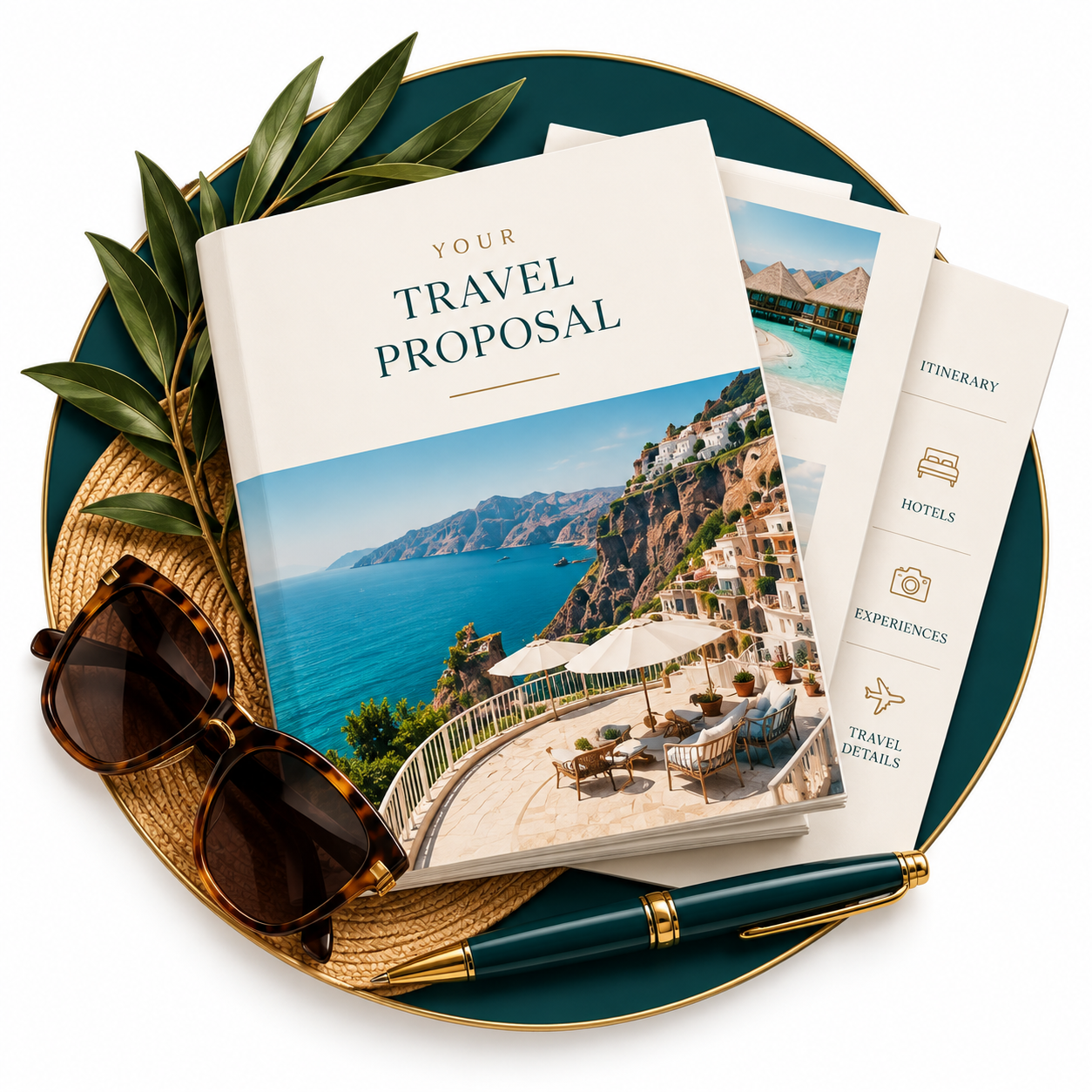 Travel proposal booklet with scenic coastal photos, a green plate, sunglasses, and a pen on a decorative tray.