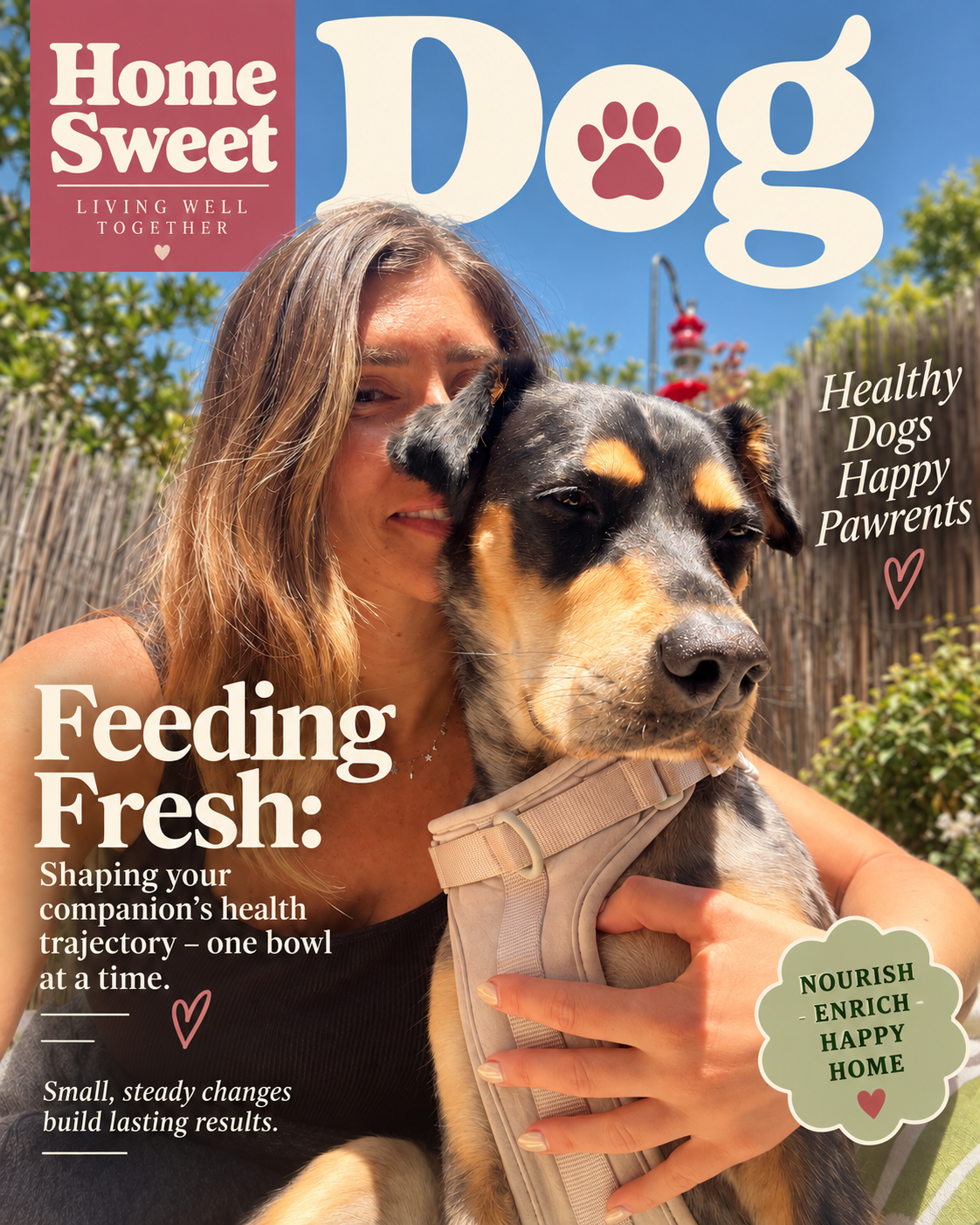 A woman hugging a large black and tan dog outdoors, with a wooden fence and green plants in the background. The magazine cover features titles about caring for dogs and creating a happy home including feeding fresh.