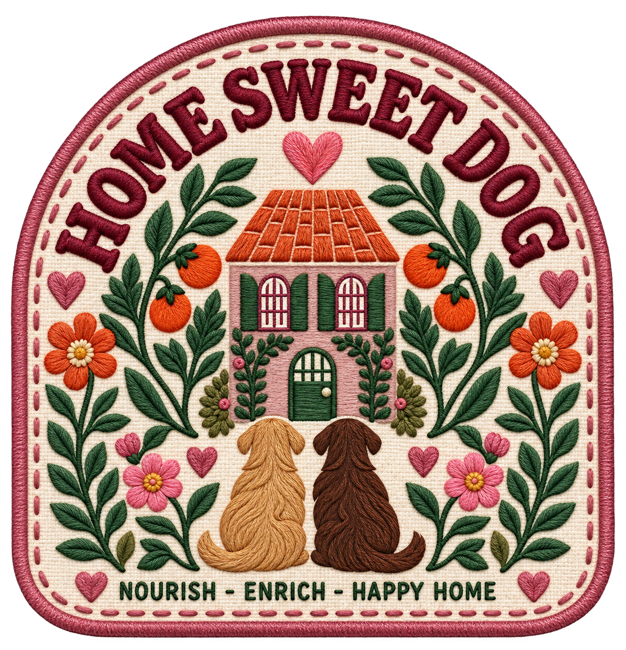 A colorful embroidered patch featuring the text "Home Sweet Dog" with a house, two sitting dogs, flowers, leaves, hearts, and the words "Nourish - Enrich - Happy Home"
