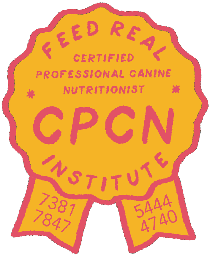 A yellow award badge with pink outline and text, reading "Feed Real Certified Professional Canine Nutritionist CPCN Institute" and displaying the numbers "1381 7847" and "5444 4740" on two ribbons.