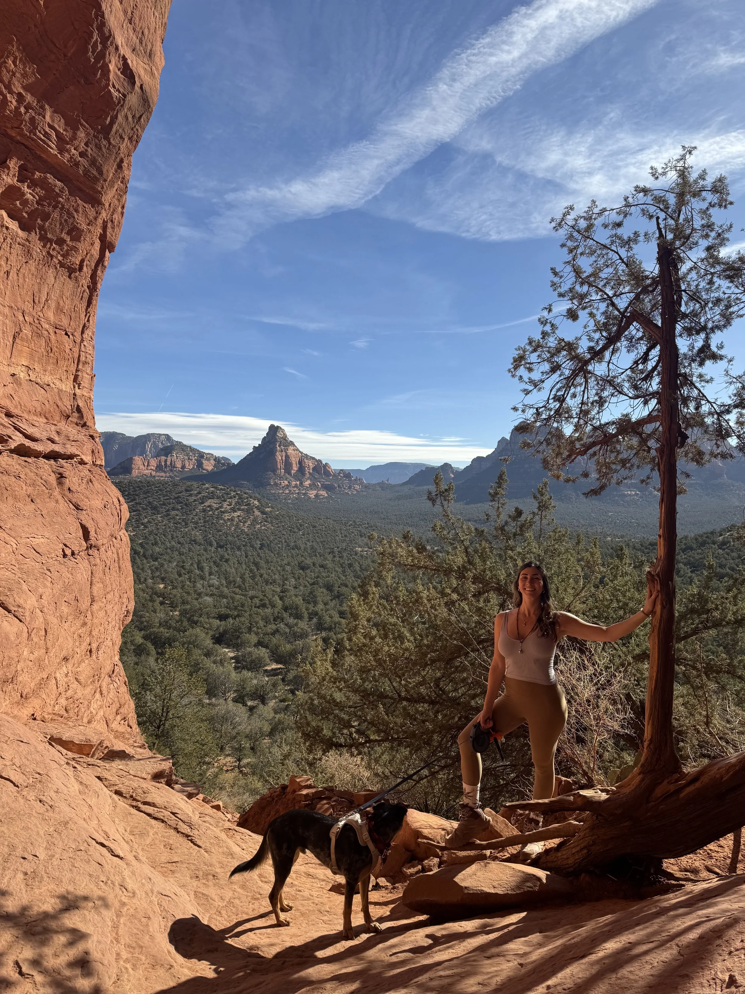 A woman with a dog standing on a rocky red terrain in a desert landscape with red rock formations, a tree, and distant mountain peaks under a blue sky with wispy clouds.