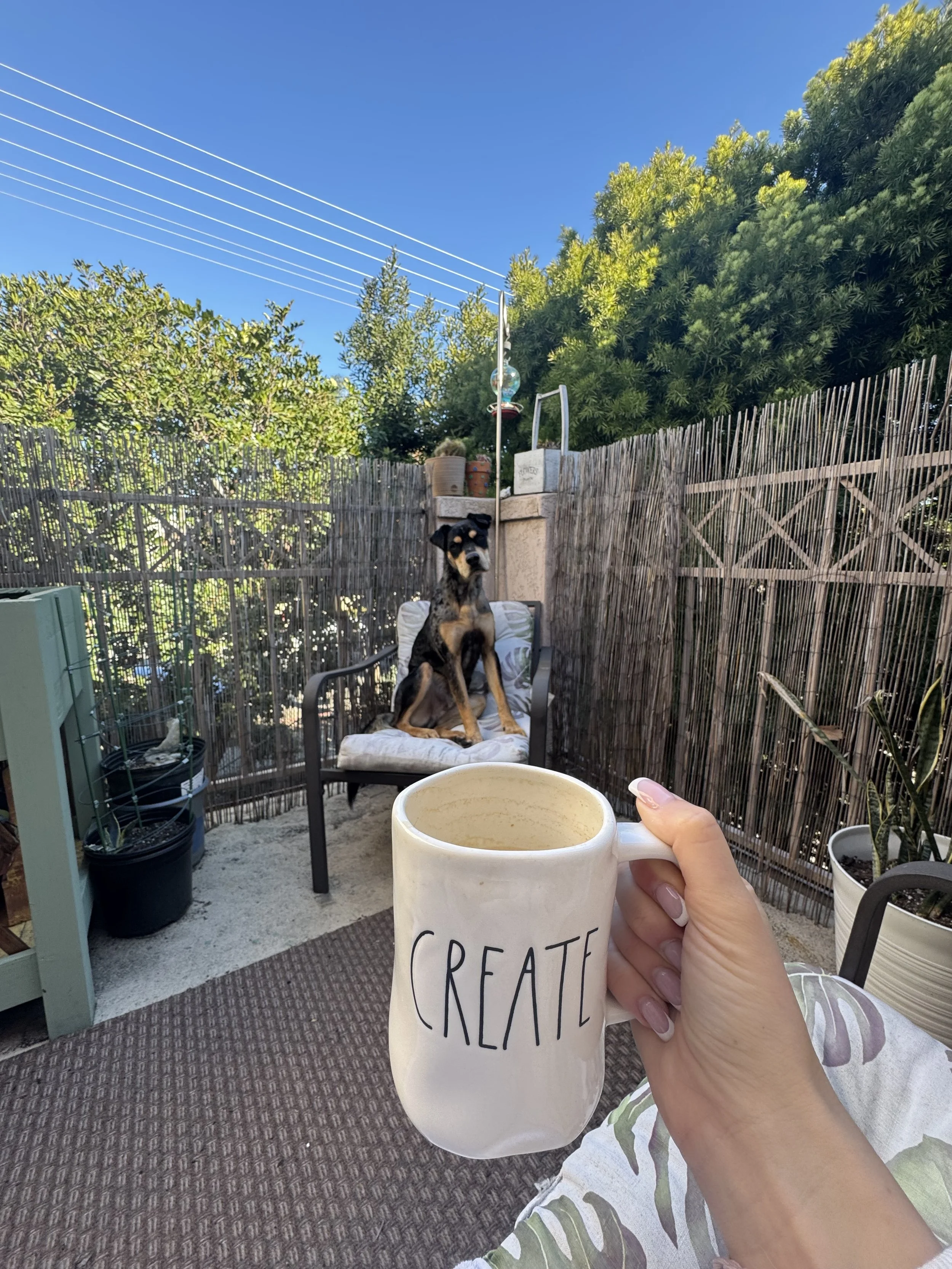 Person holding a white mug with the words "Create" written on it, sitting outdoors on a patio with a dog sitting on a chair behind. The patio is enclosed with a bamboo fence, and there are plants and trees surrounding the area. The sky is clear and blue.