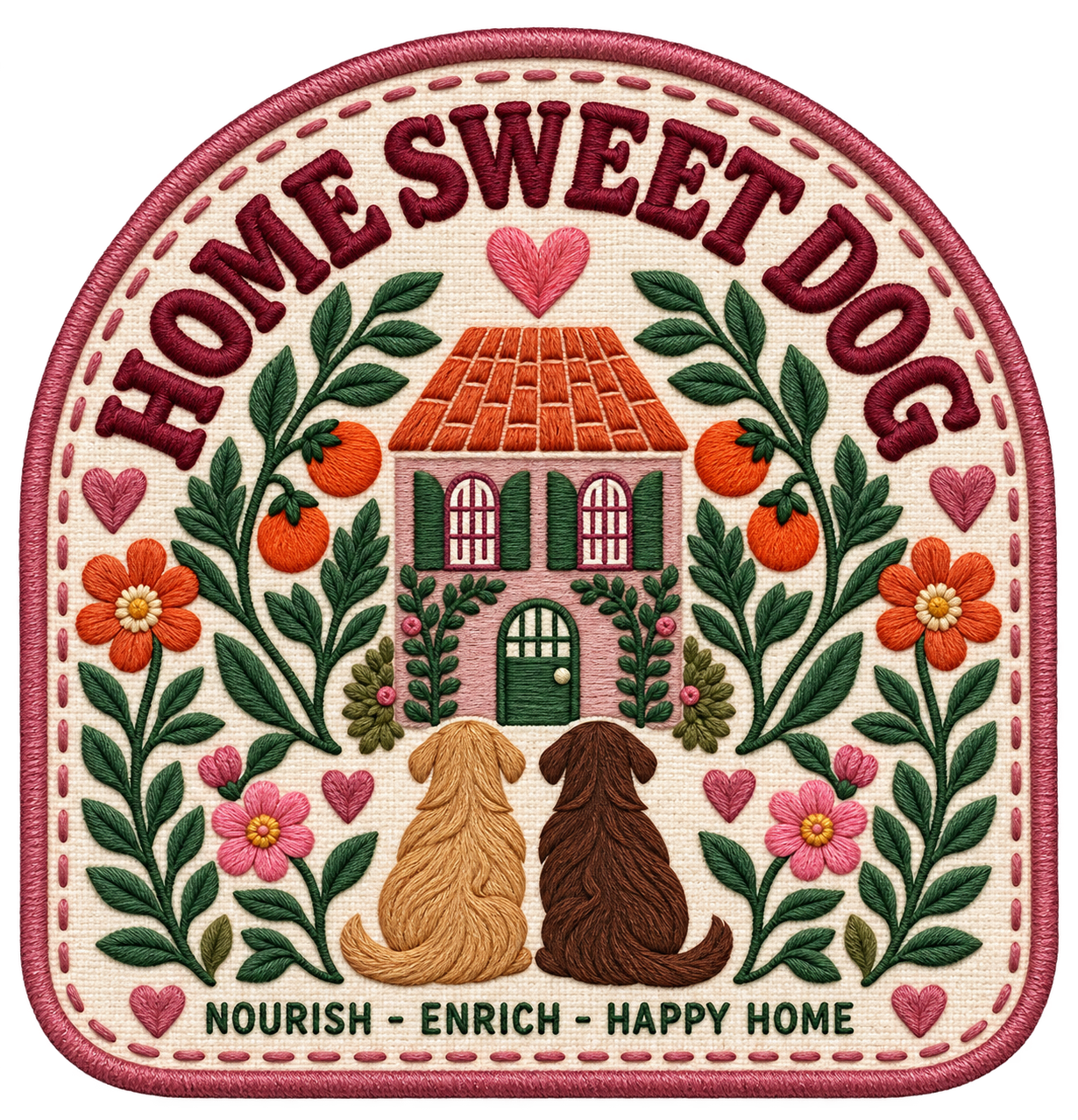 Embroidery of a house surrounded by flowers, leaves, and hearts, with two dogs sitting in front, and the words 'Home Sweet Dog' and 'Nourish - Enrich - Happy Home'.