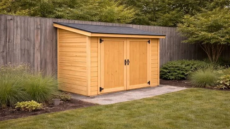 Wooden garden shed with double doors, situated on a concrete slab in a backyard with grass, plants, and a wooden fence, surrounded by trees.