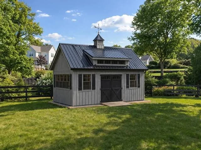 A small, gray shed with a black metal roof and a cupola on top, located in a grassy backyard with trees and fencing.