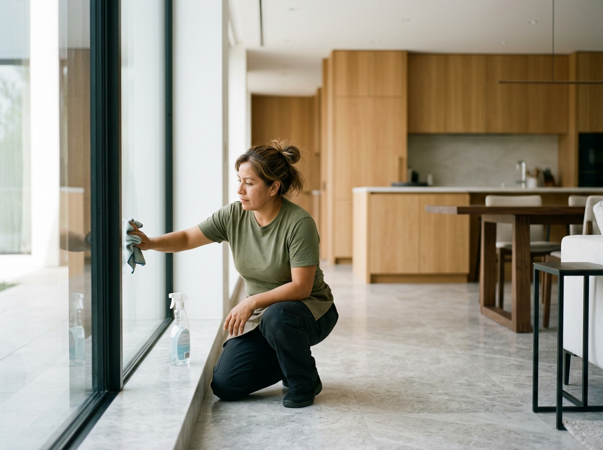 Woman cleaning the large glass window in a modern kitchen with a spray bottle and cloth.