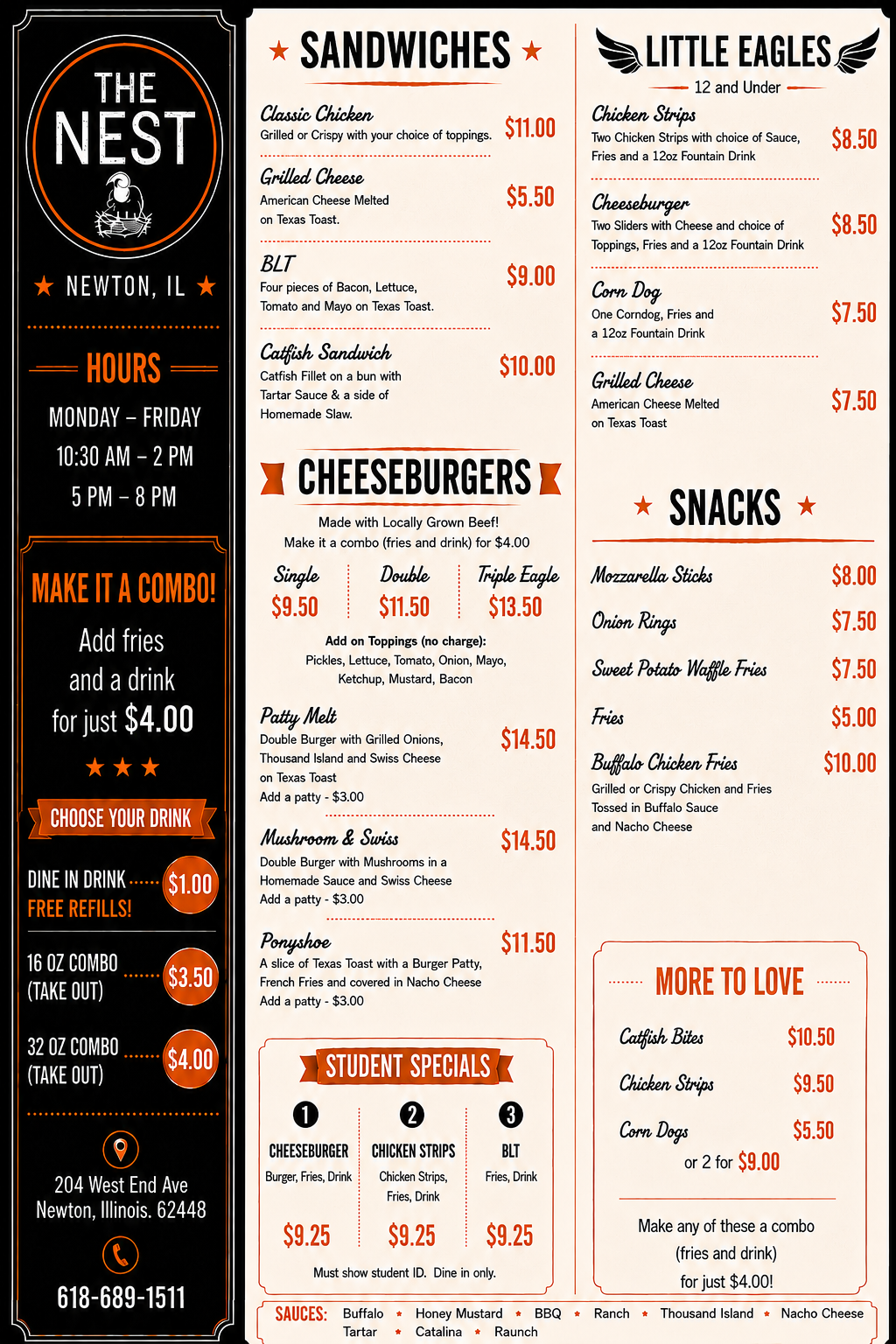 Menu from The Nest in Newton, Illinois, featuring sandwiches, cheeseburgers, Little Eagles kids meals, snacks, and student specials, with hours and contact information.