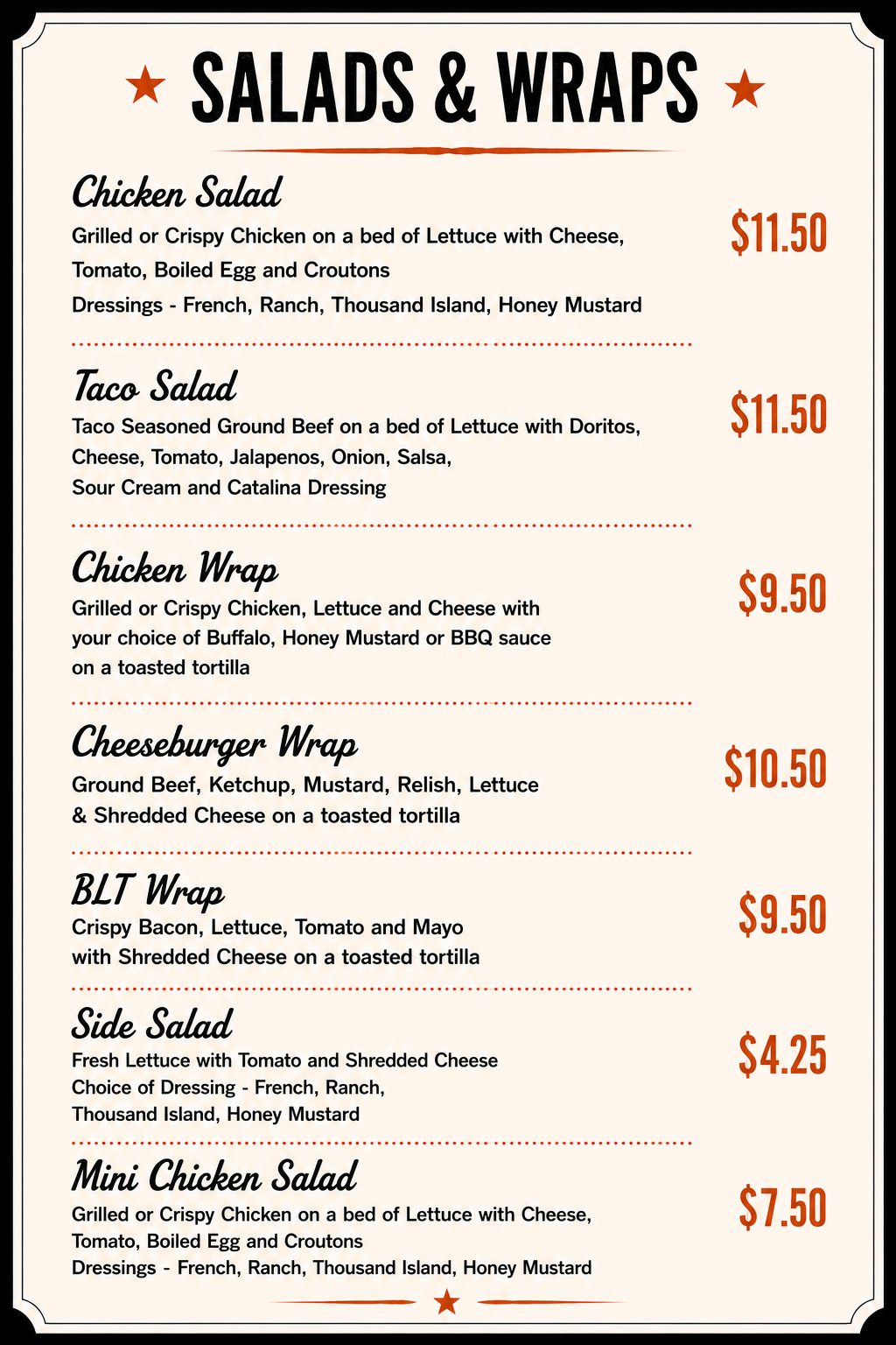 Menu titled 'Salads & Wraps' with options including Chicken Salad, Taco Salad, Chicken Wrap, Cheeseburger Wrap, Side Salad, and Mini Chicken Salad, each with descriptions and prices.