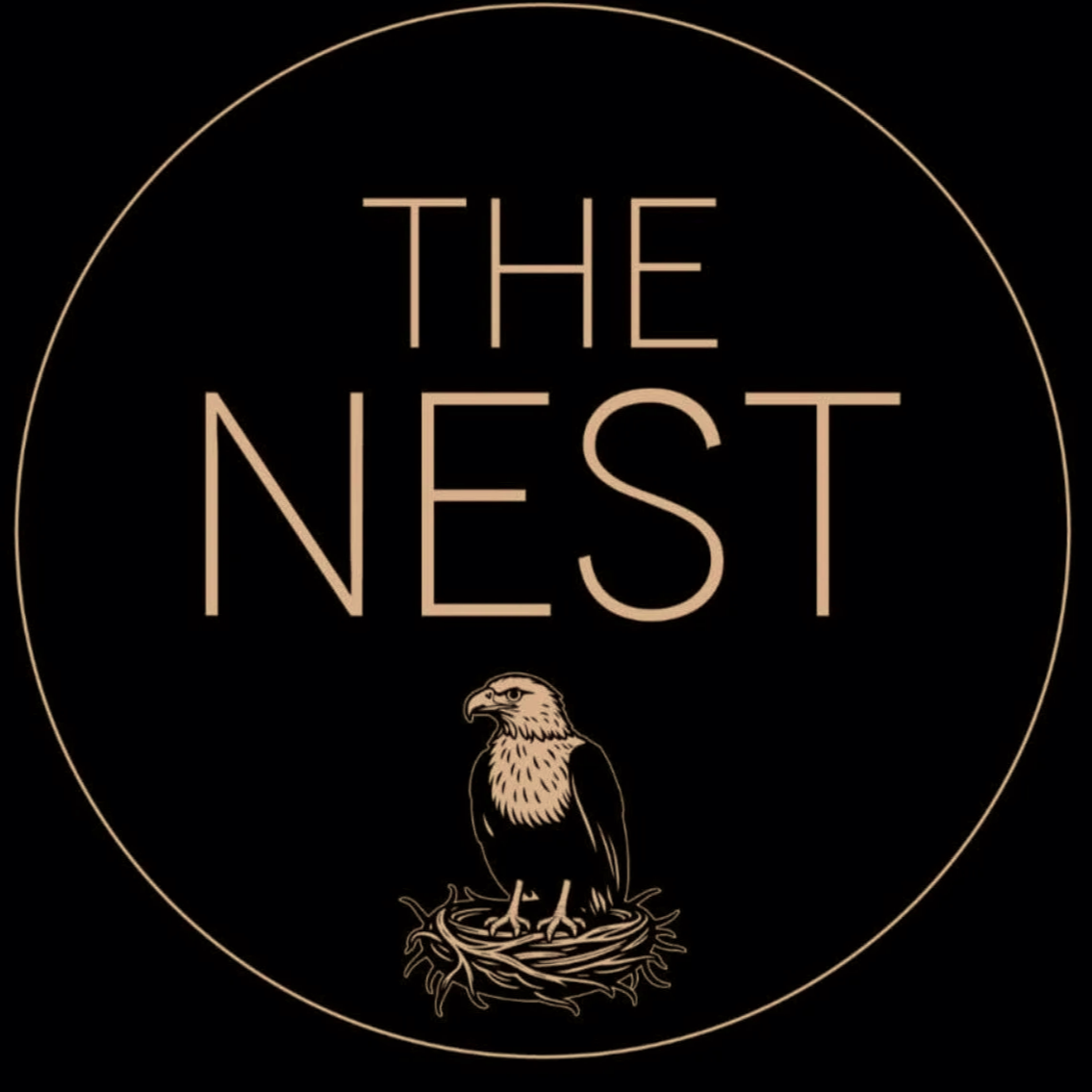 Logo for 'The Nest' featuring a bird's nest with an eagle standing on it, with a black background and pinkish text and outline.