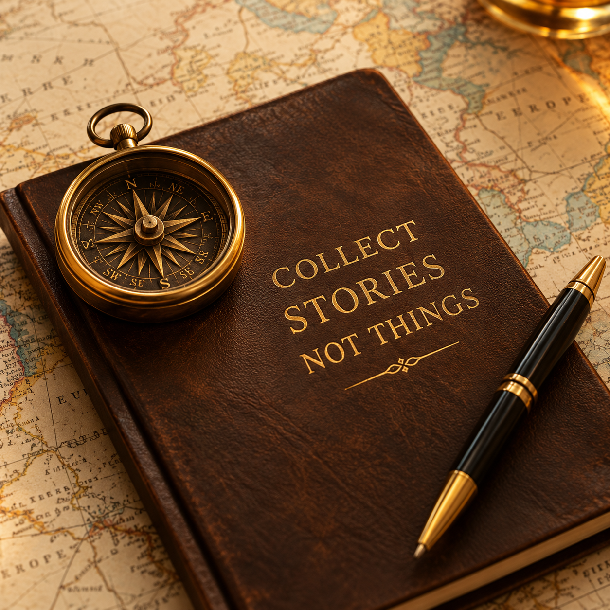 Collect stories, not things, travel keepsakes flatlay