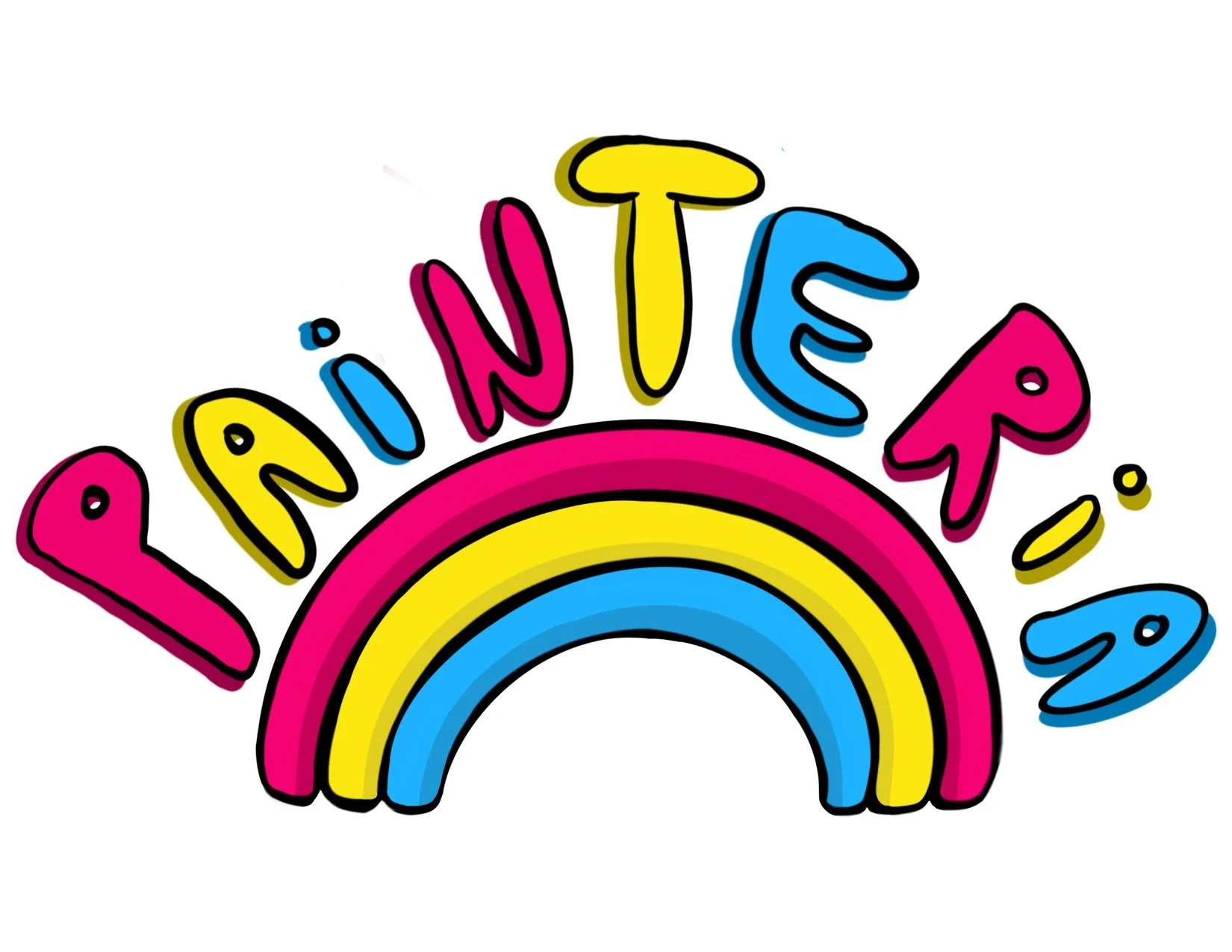 Tri-colored  rainbow with the word 'Painteria' above it in magenta, blue and yellow colors, outlined in black, against a white background.
