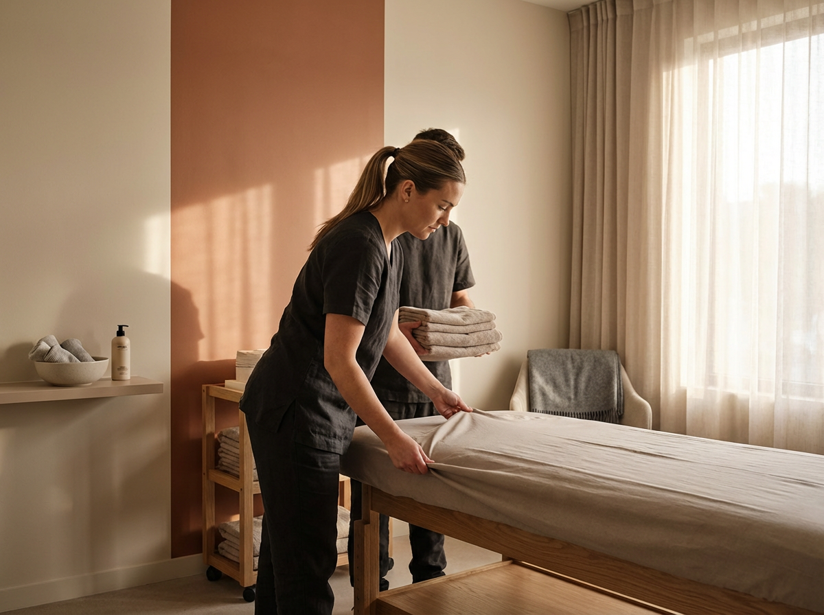 A woman making a bed in a room, another person holding folded towels in the background.