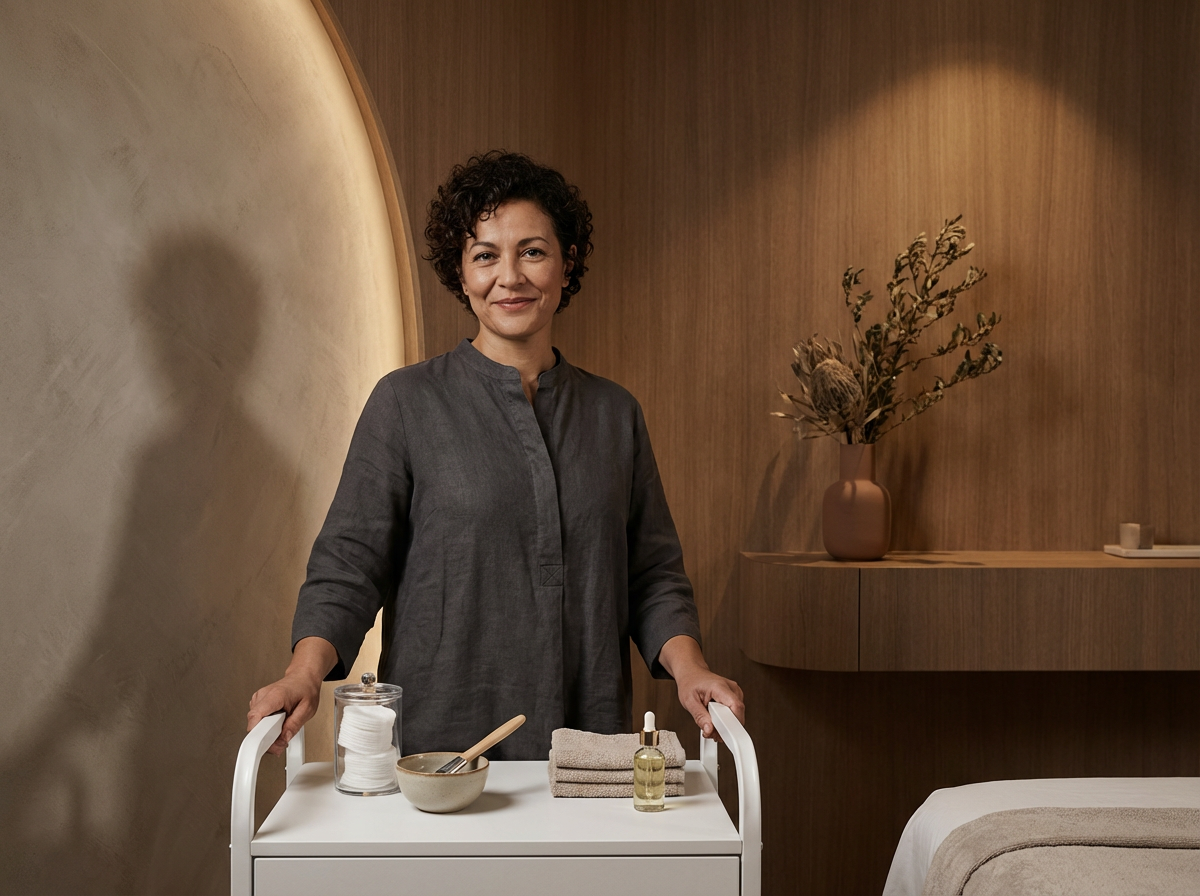 A woman with curly hair and a gray dress smiling while standing behind a white trolley with spa or massage products on it, against a background of wood-paneled wall and decorative vase with dried flowers.