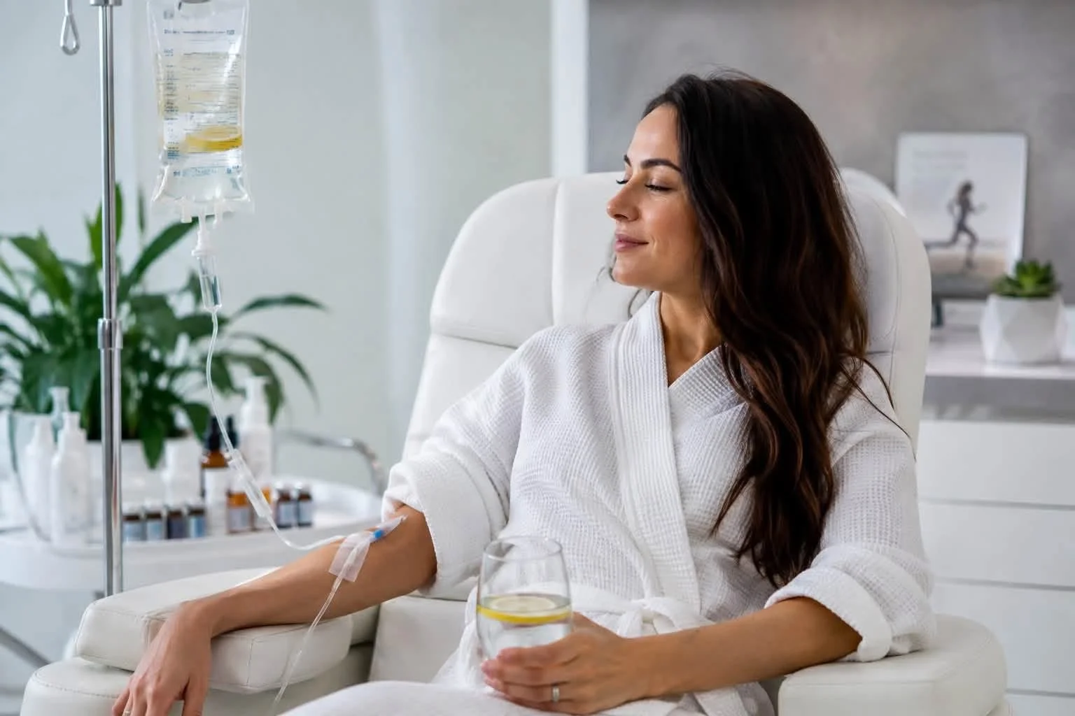 A woman with long dark hair sitting on a white chair, donating blood in a medical facility. She is wearing a white robe and holding a glass of water with lemon slices.