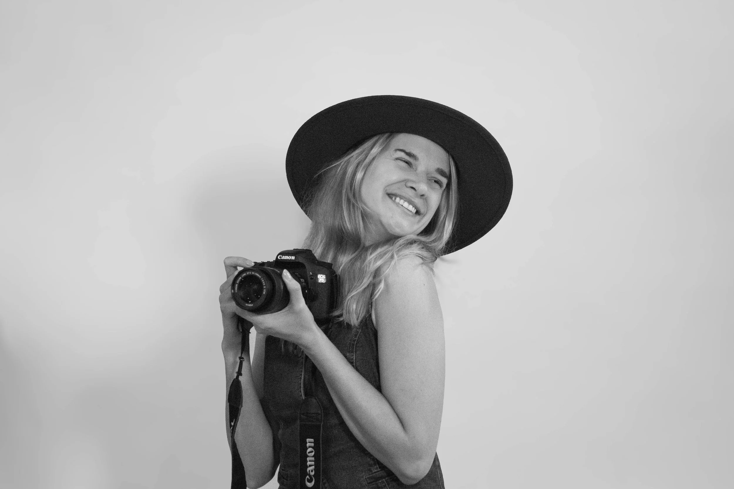 Black and white photo of a woman with long hair, wearing a wide-brimmed hat, smiling, holding a Canon camera, standing against a plain background.