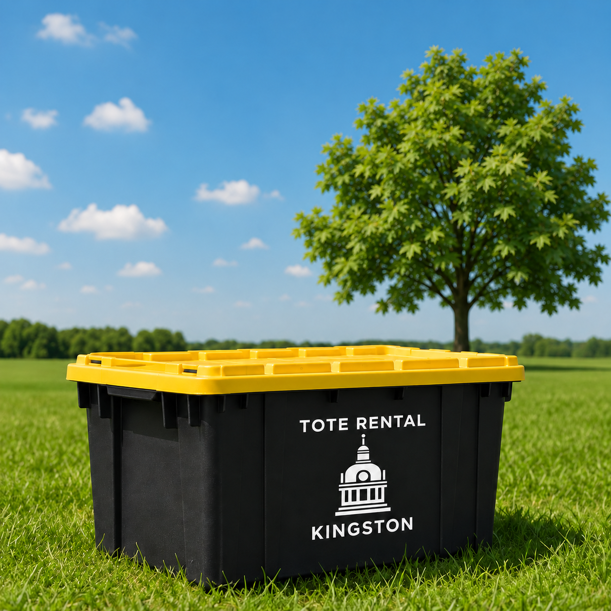 A black tote rental bin with a yellow lid in an open grassy field, with a large green tree and a blue sky with clouds in the background.