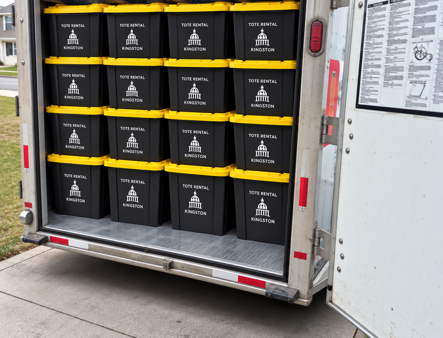 Black storage bins with yellow lids labeled 'Tote Rental Kingston,' stacked inside a rental truck, with a printed set of instructions or guidelines on the side of the truck.