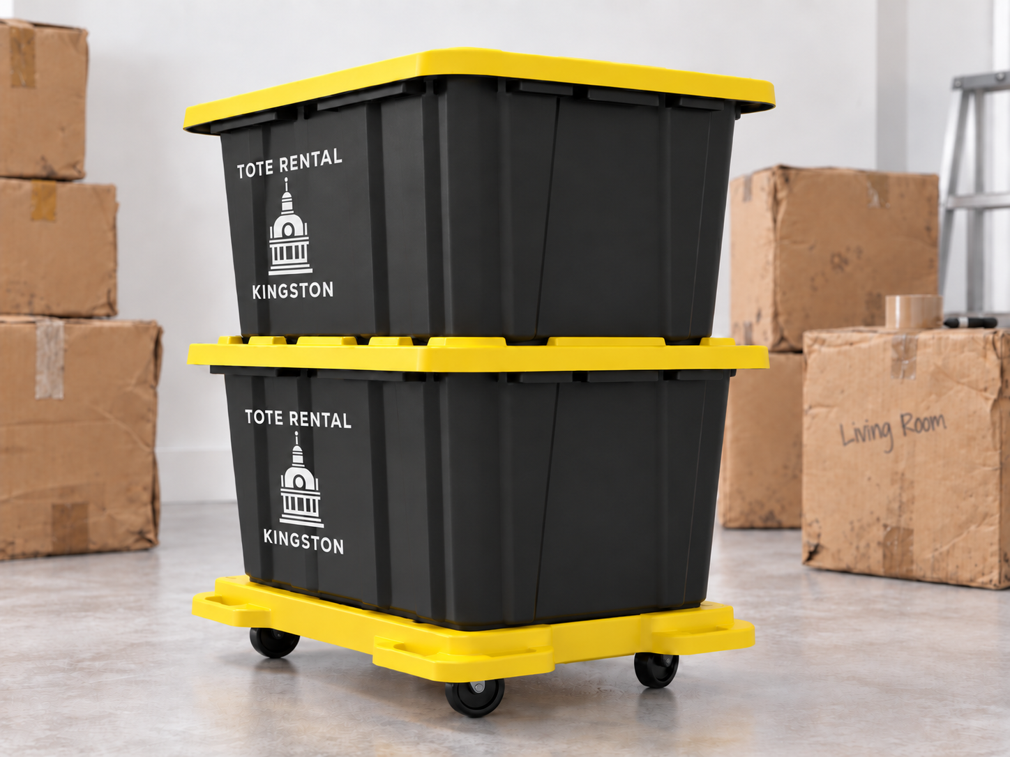 Two black plastic tote rental bins stacked on a yellow wheeled cart with boxes labeled 'Living Room' in a moving or storage area.