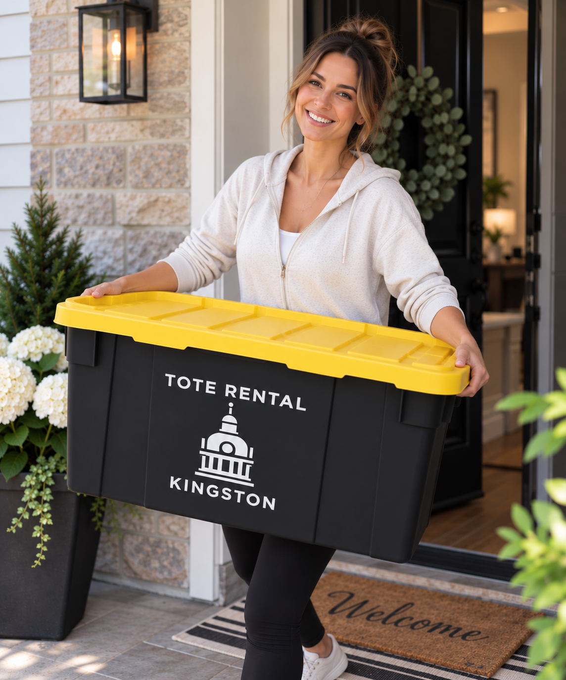 kingston resident moving a 102L bin using tote rental kingston service