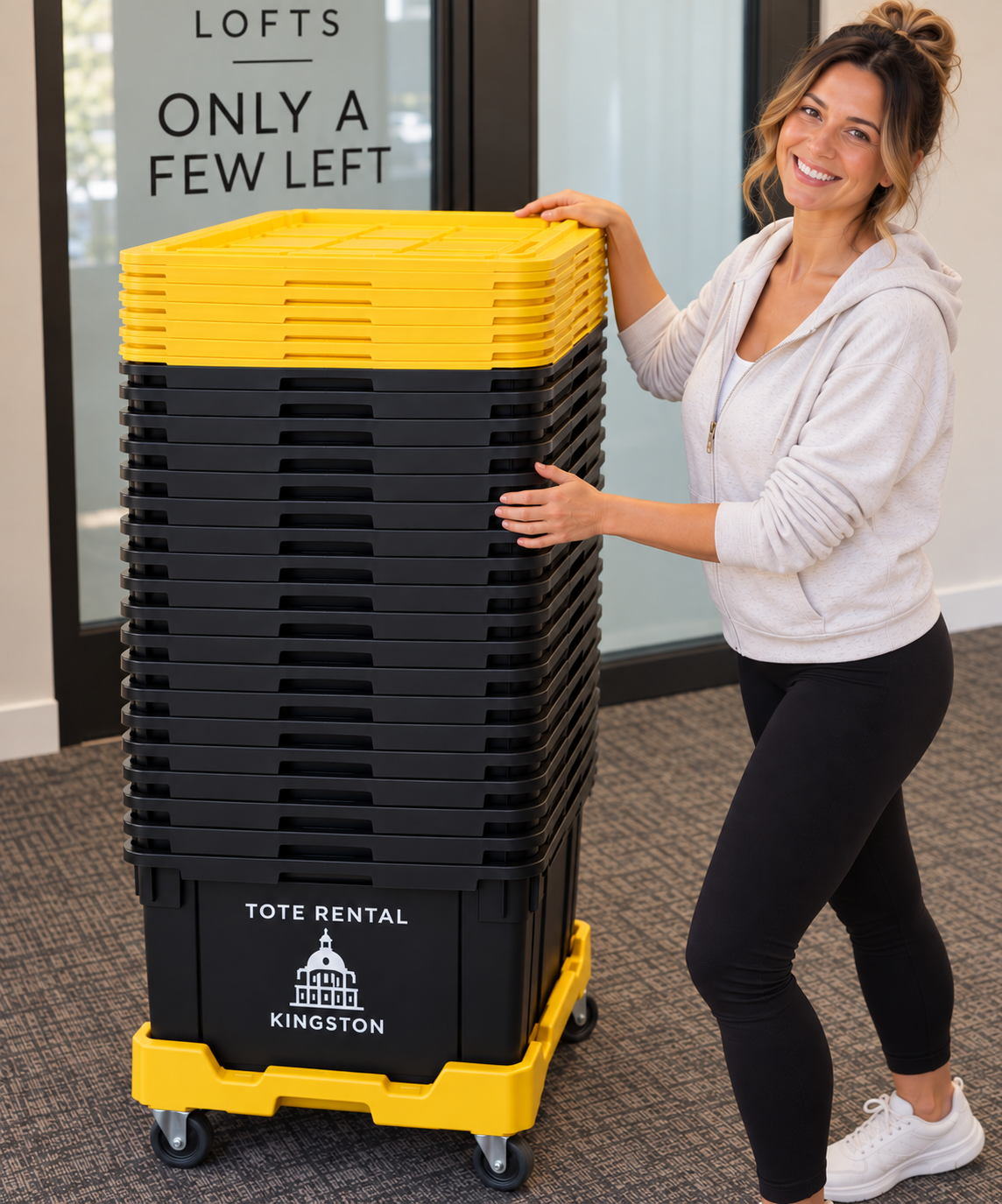 Woman smiling and pushing a tall stack of black and yellow tote bins on a cart, near a door with a sign that reads 'Lofts Only A Few Left'.