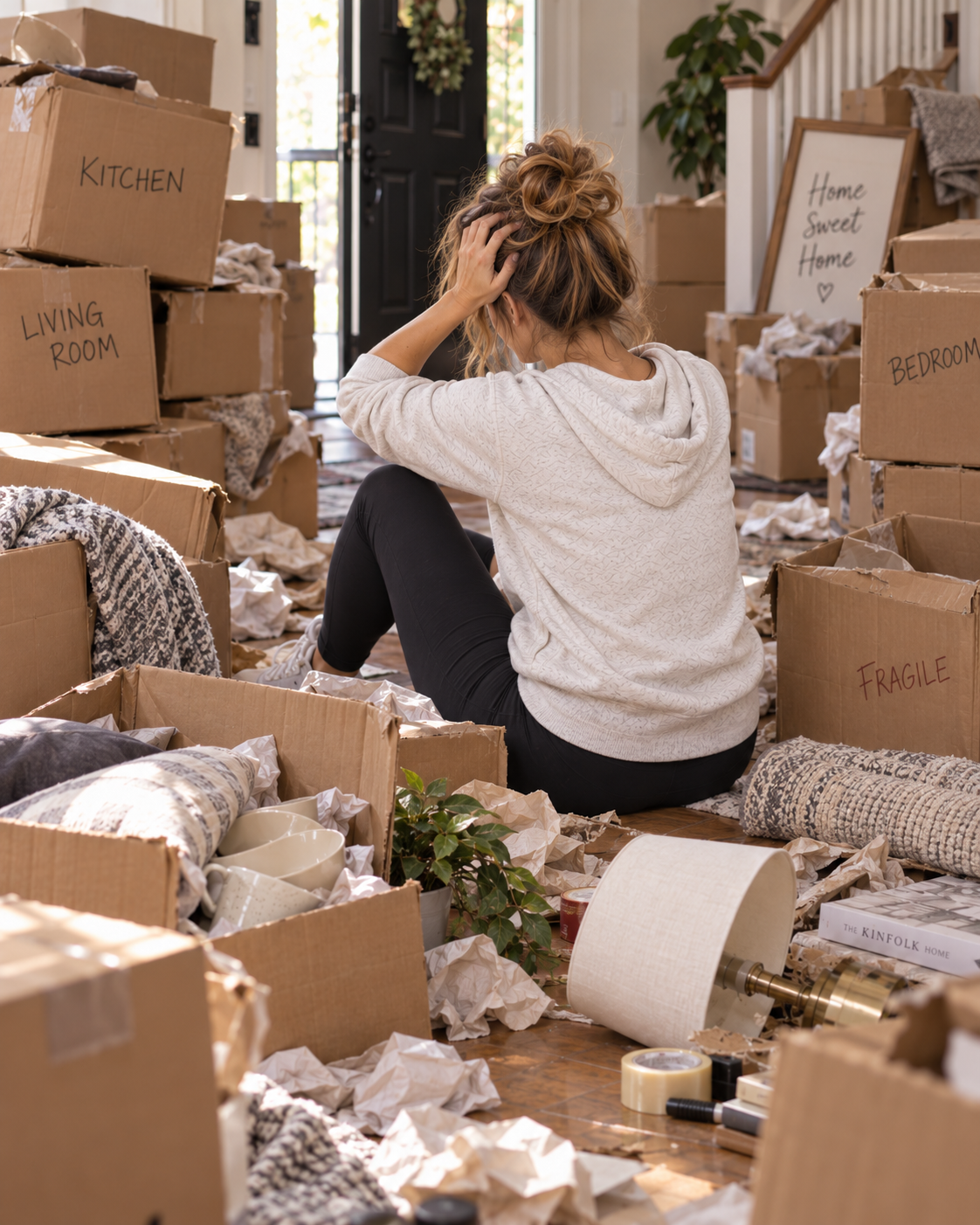 A woman sitting on the floor of a cluttered living room surrounded by moving boxes and packing supplies, holding her head in frustration.