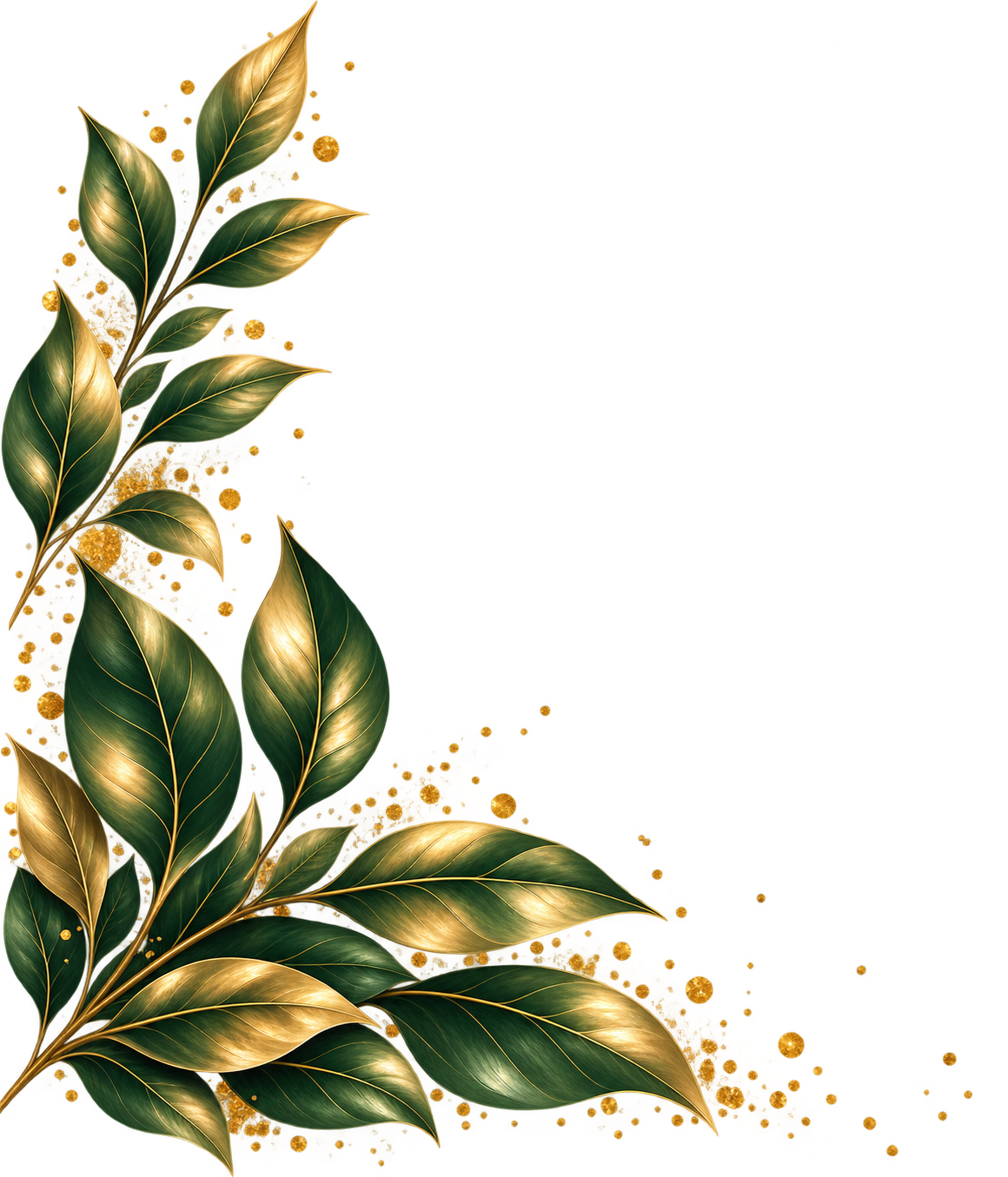 Elegant green and gold botanical leaves with scattered gold accents.