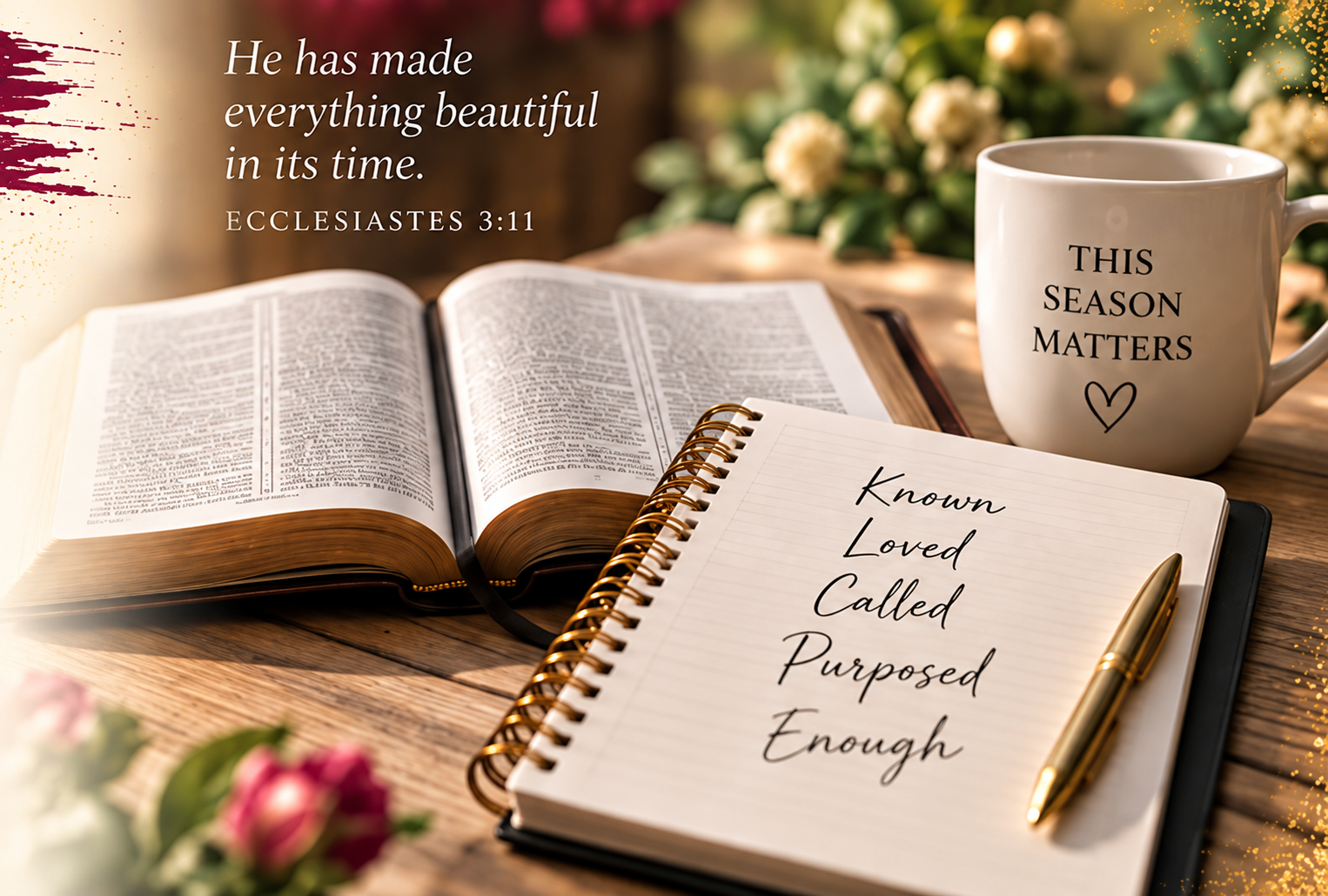 Open Bible and journal with the words Known, Loved, Called, Purposed, and Enough beside a mug reading This Season Matters, inspired by Ecclesiastes 3:11.
