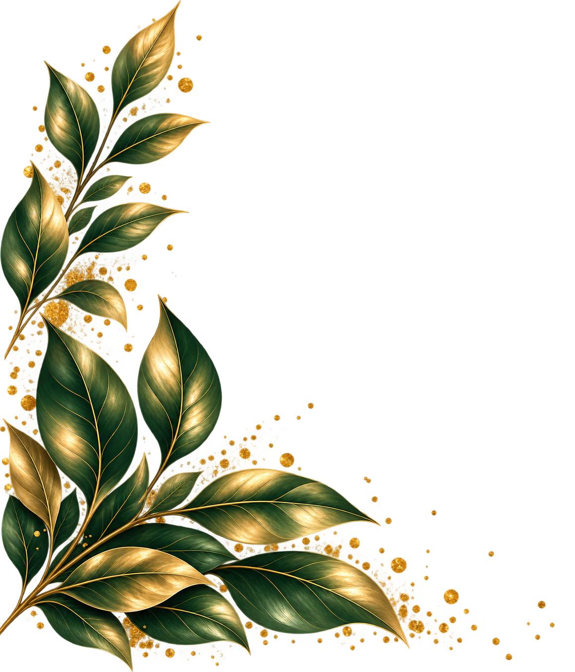 Elegant green and gold botanical leaves with scattered gold accents.