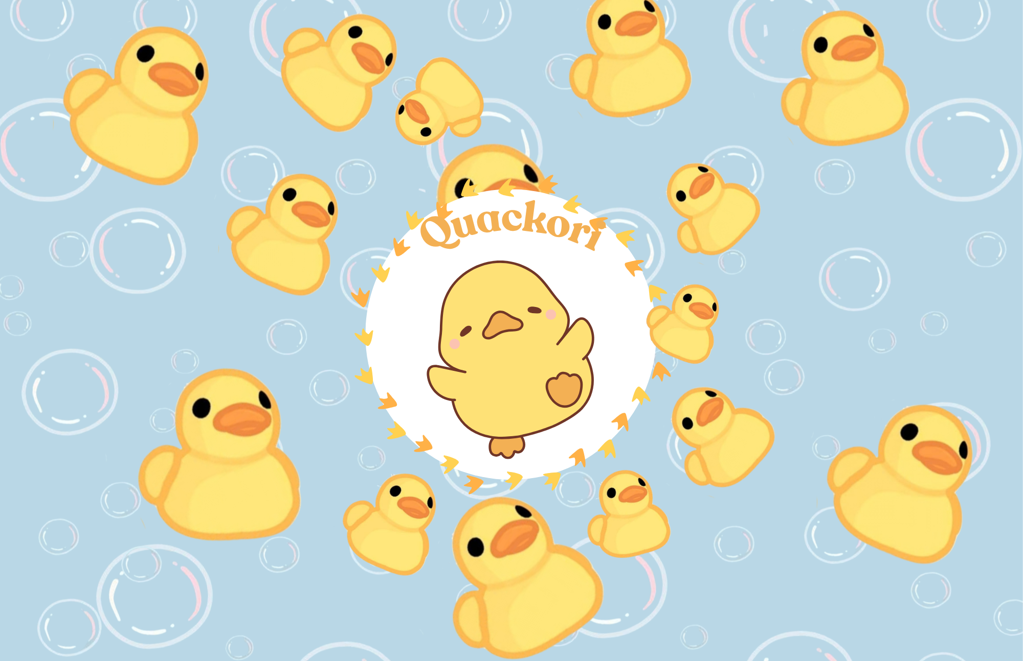 A cartoon illustration of several yellow rubber ducks floating in a light blue background with bubbles. In the center, there is a white circle with a cute duck emerging from it and the word "Quackori" written above in orange.