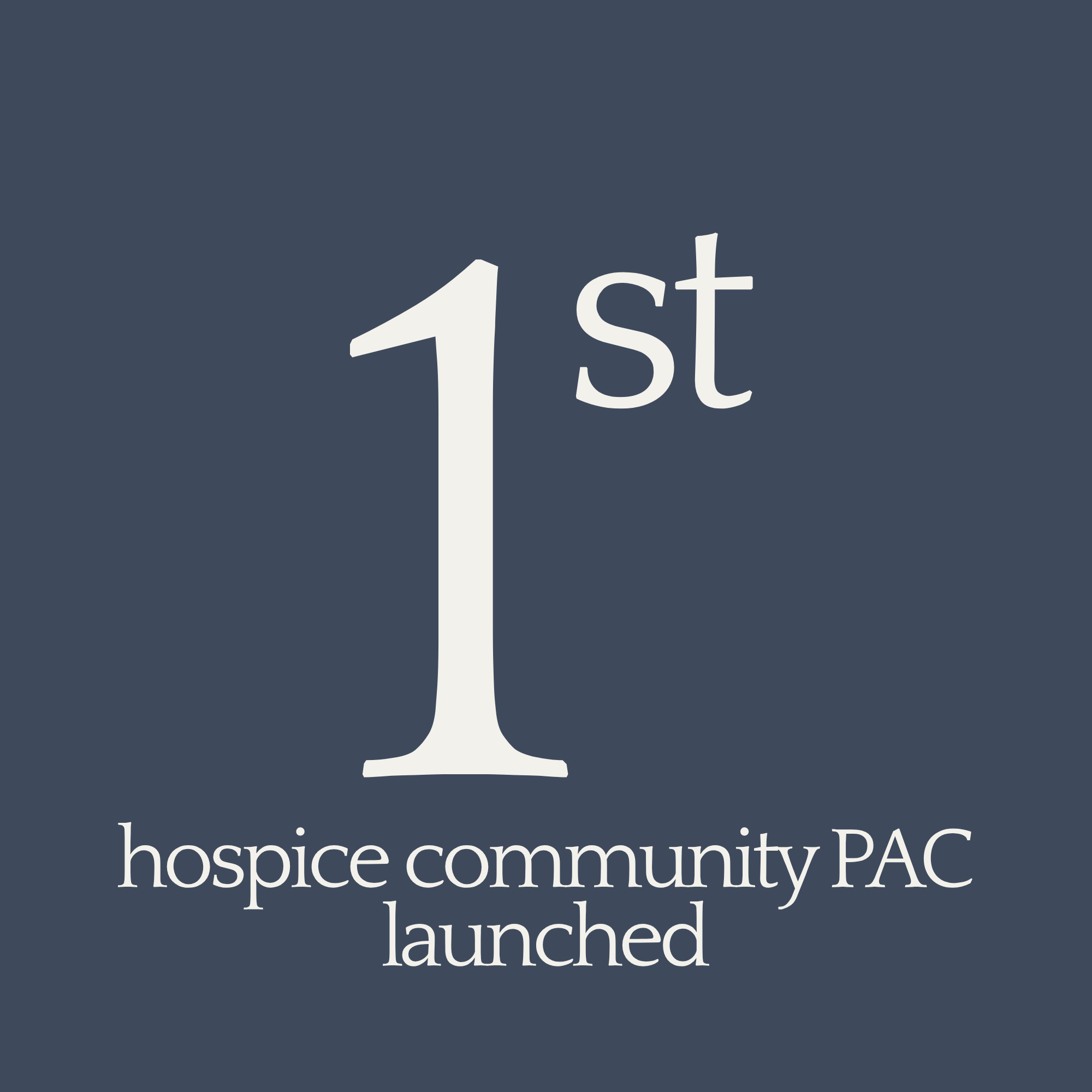 Logo for hospice community PAC with a stylized white cross on a dark blue background and white text that reads 'hospice community PAC launched'.