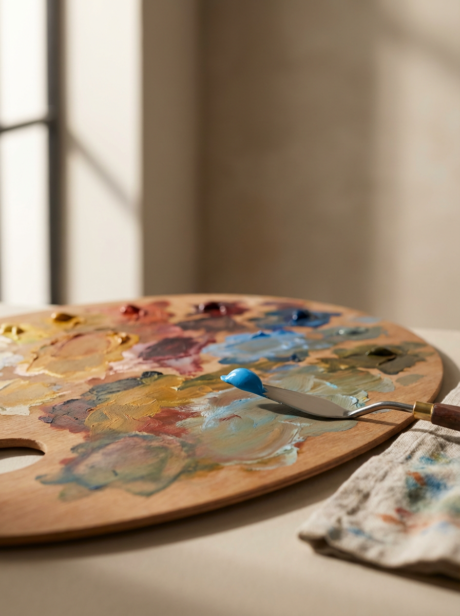 An artist's palette with various mixed paint colors, a palette knife with blue paint, and a cloth on a table near a window with sunlight.