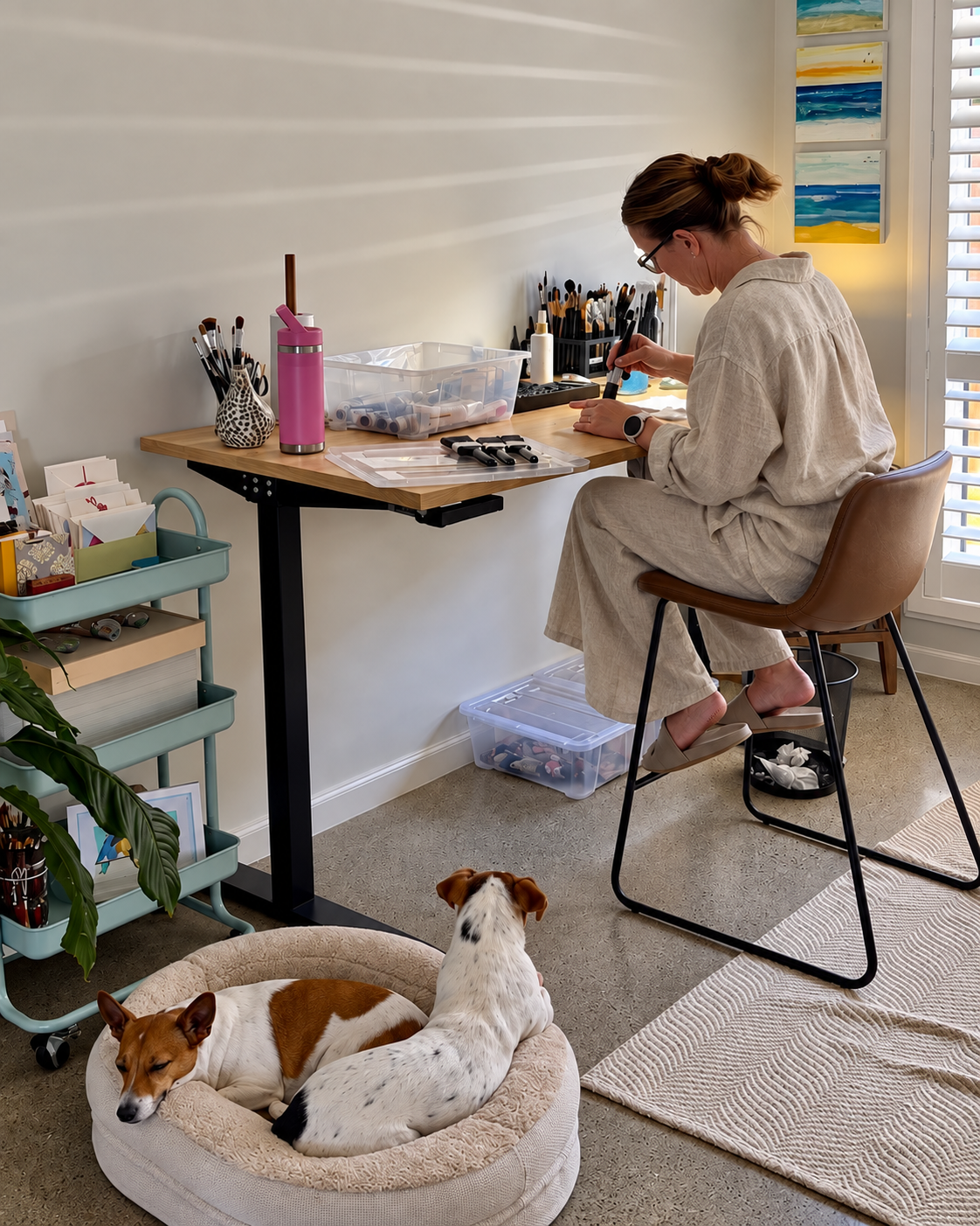 A woman sitting on a chair at a craft or makeup desk with various brushes and tools, while two dogs rest in a pet bed on the floor nearby.