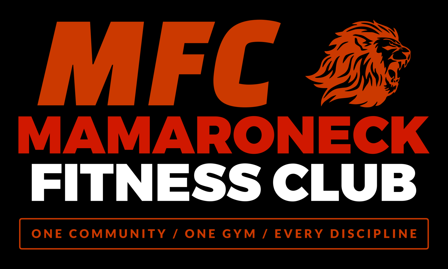 MFC Mamaroneck Fitness Club logo with a lion head, bold orange, red, black, and white text, and slogan 'One community, one gym, every discipline'.