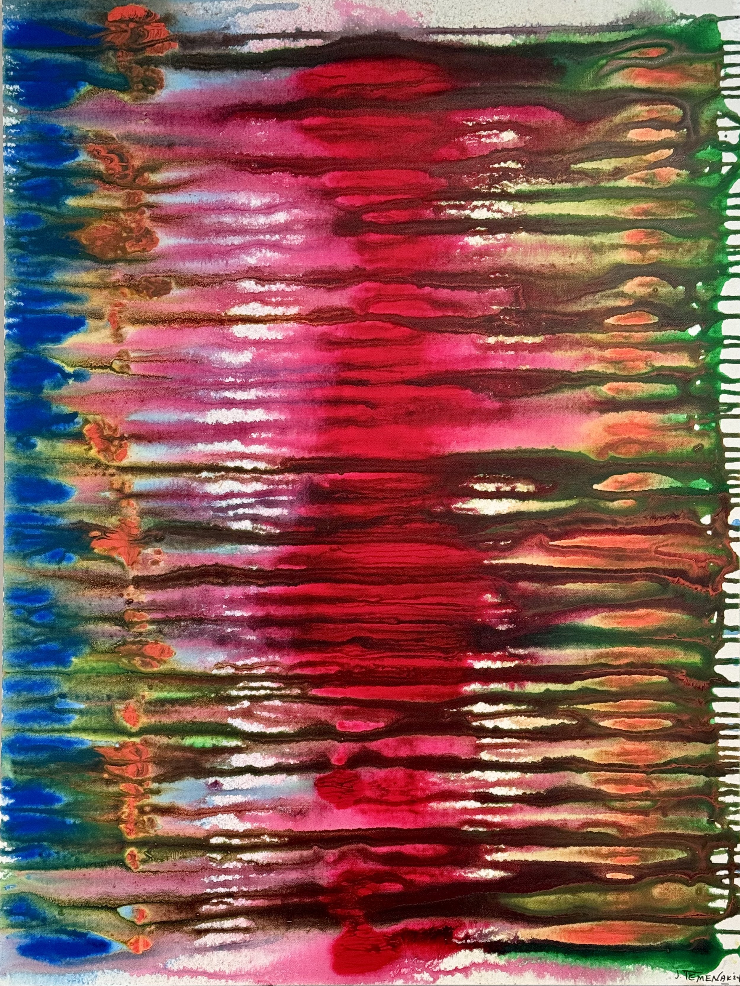 Abstract watercolor painting with horizontal streaks in vibrant colors including pink, red, green, blue, and black.