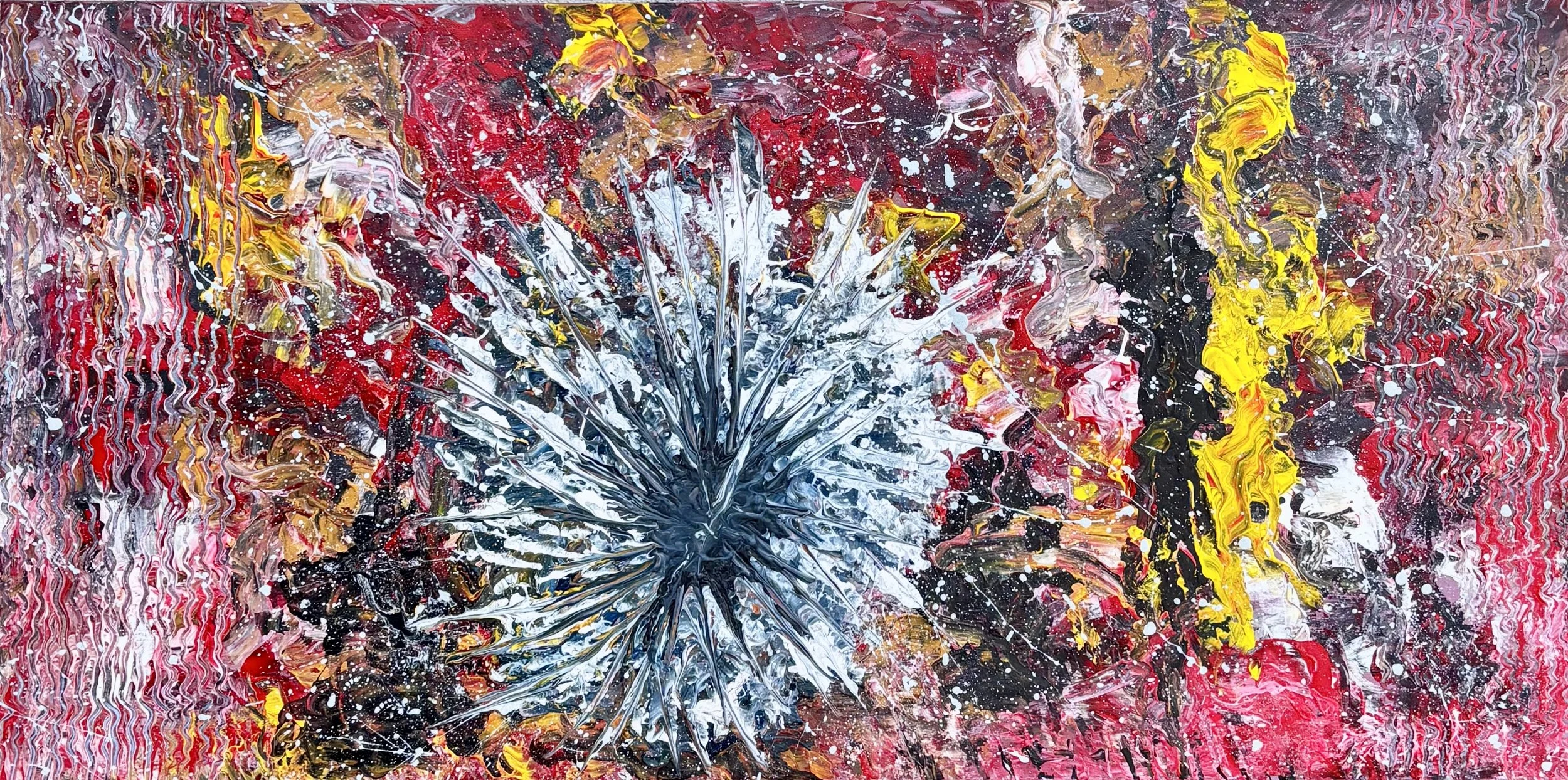 Abstract acrylic painting with splatters and streaks of vibrant colors including red, yellow, black, white, and hints of pink and gold, creating a dynamic and energetic visual effect.