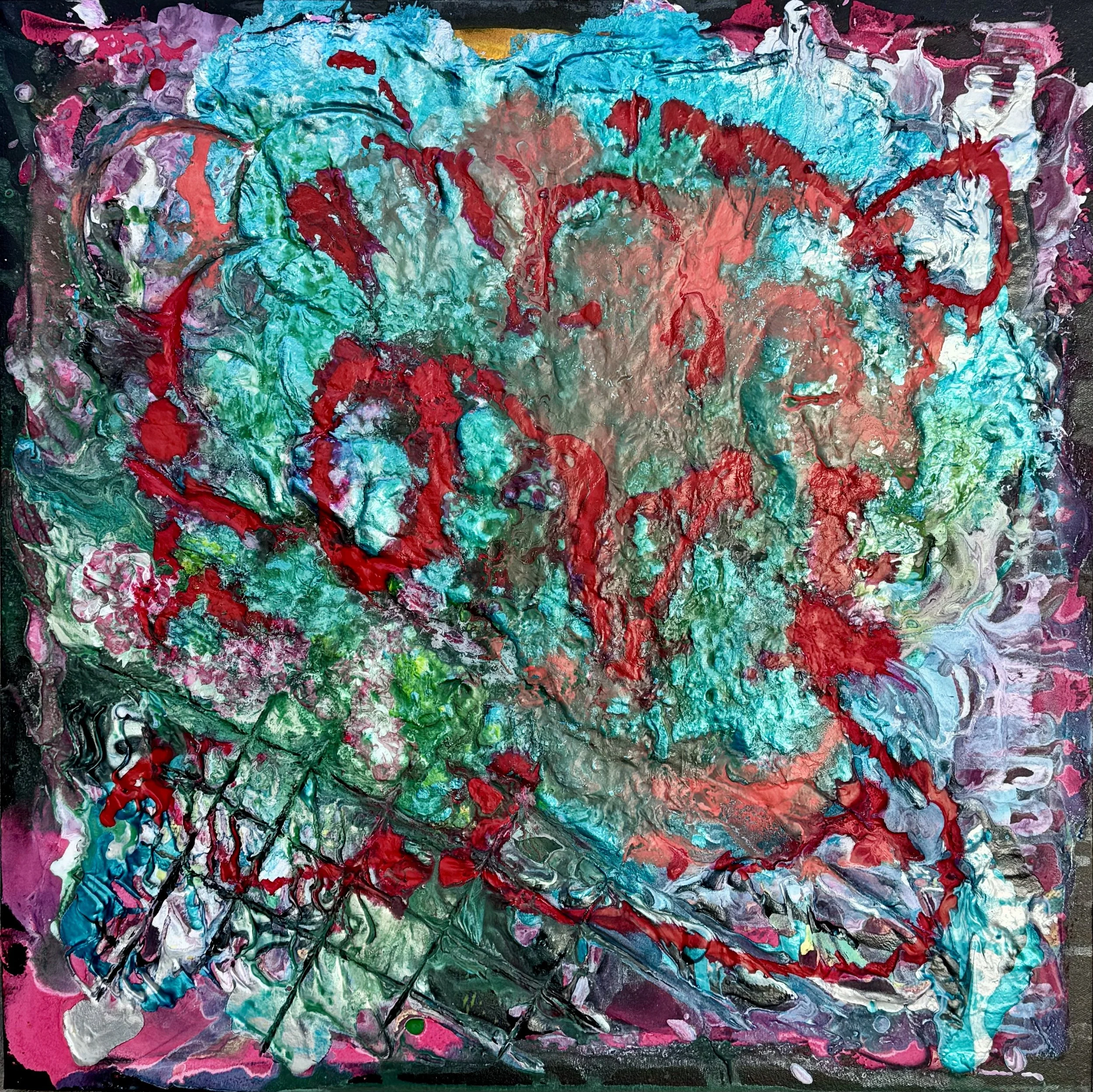 Colorful abstract painting with swirling strokes of blue, red, pink, green, black, and white paints on a dark background.