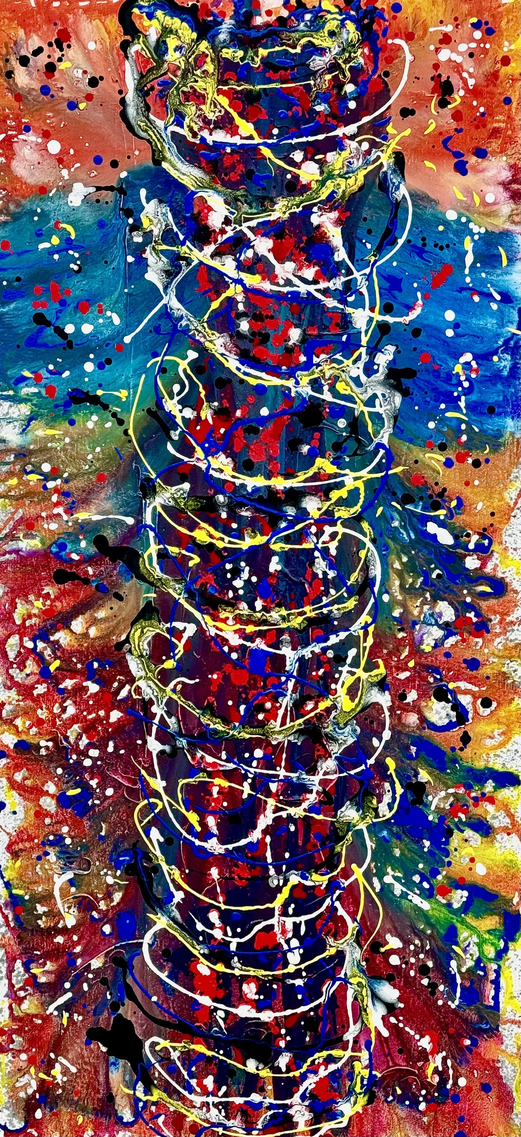 Abstract painting of a DNA double helix with colorful splashes of paint in the background.
