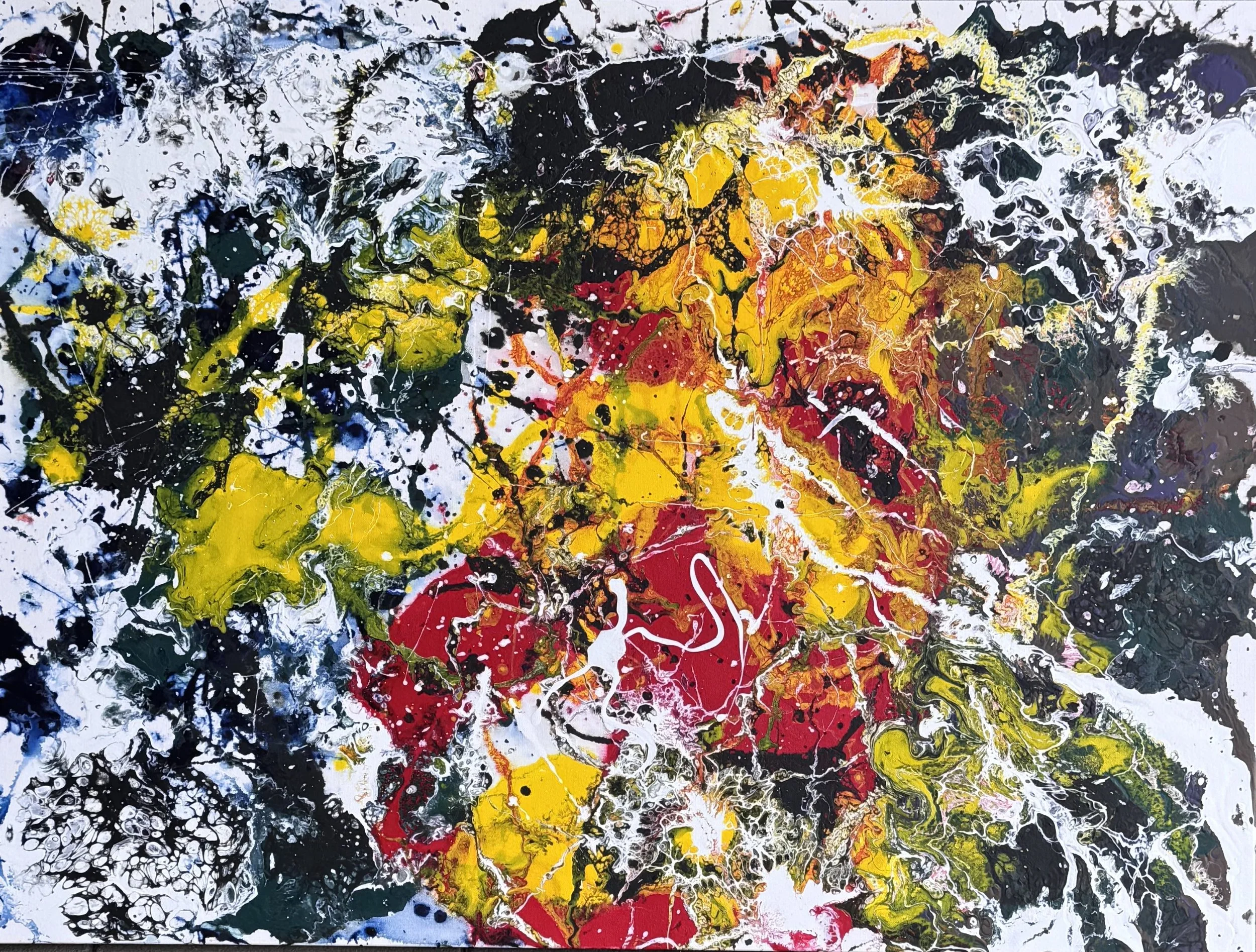 An abstract painting with splashes of black, white, yellow, red, orange, green, and blue in a chaotic, fluid pattern.