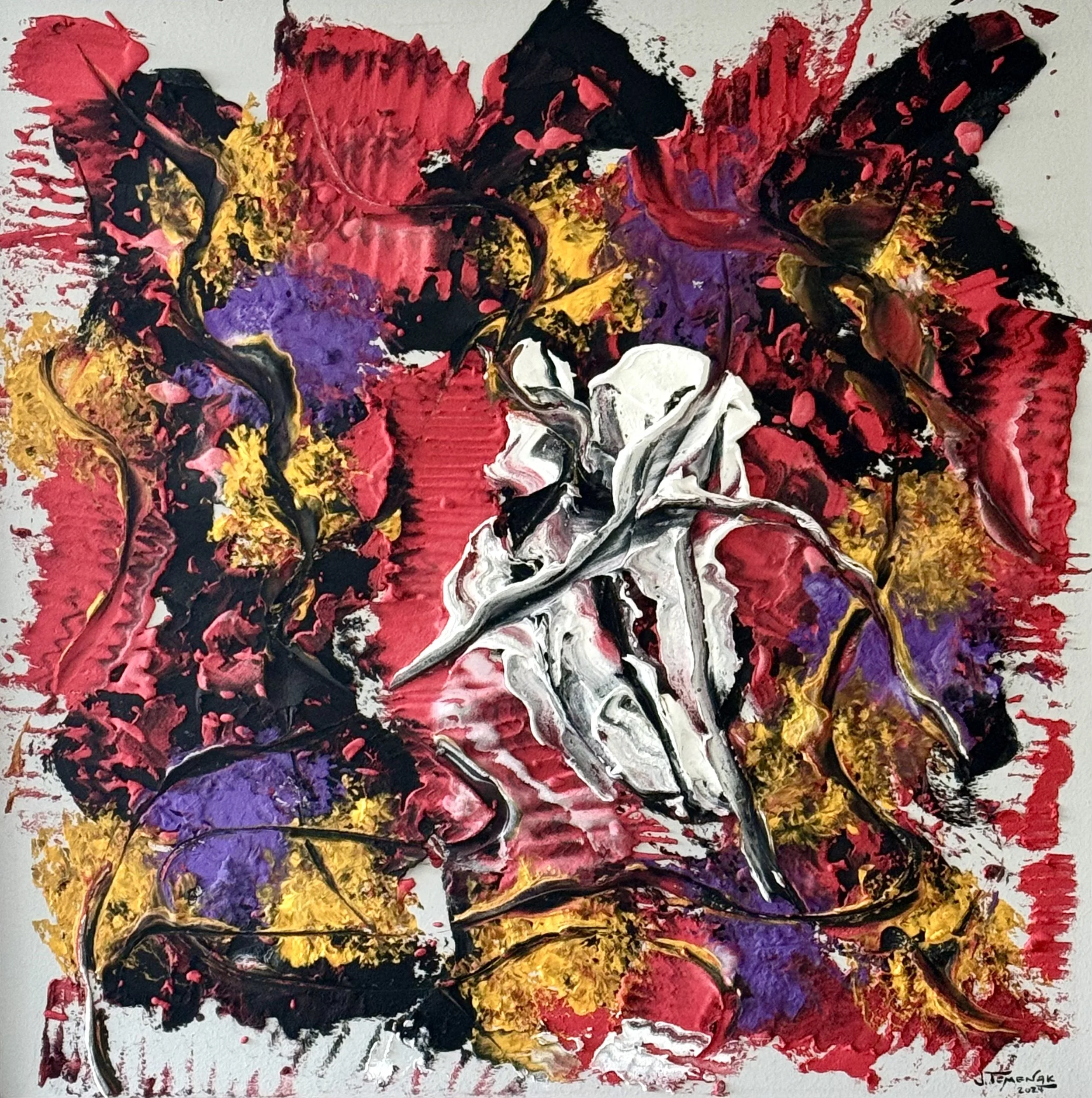 An abstract mixed media artwork featuring vivid colors including red, yellow, purple, black, and white. The piece appears to depict a face or mask among swirling and textured patterns, with bold brushstrokes and splatters on a white background.