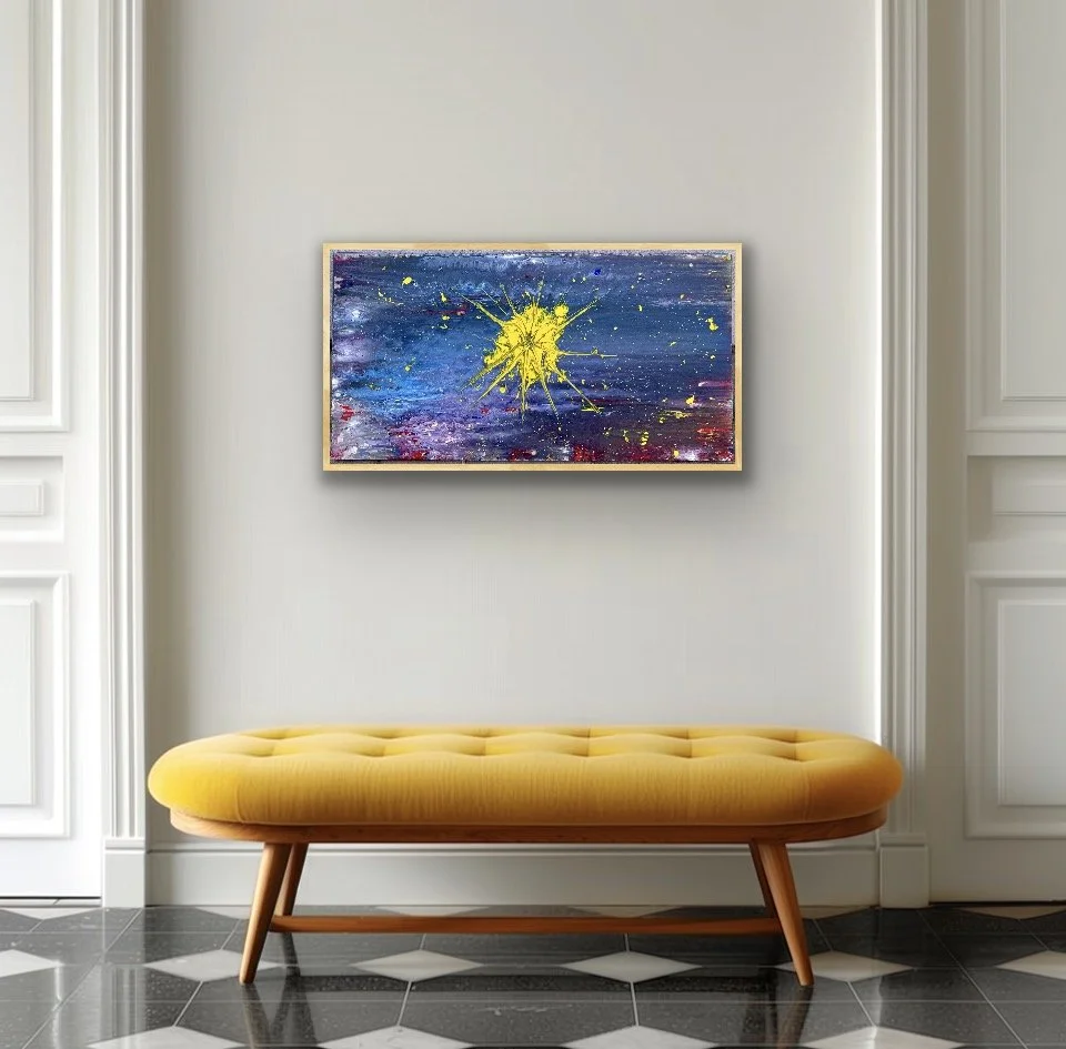 Modern interior with a yellow bench and an abstract galaxy painting with a yellow splash on the wall.