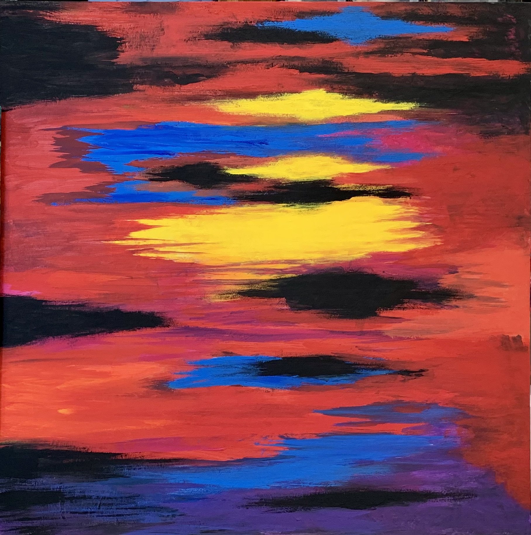 Abstract painting of a sunset over water, with red, orange, yellow, blue, black, and purple colors blending together to create a reflective sunset scene.