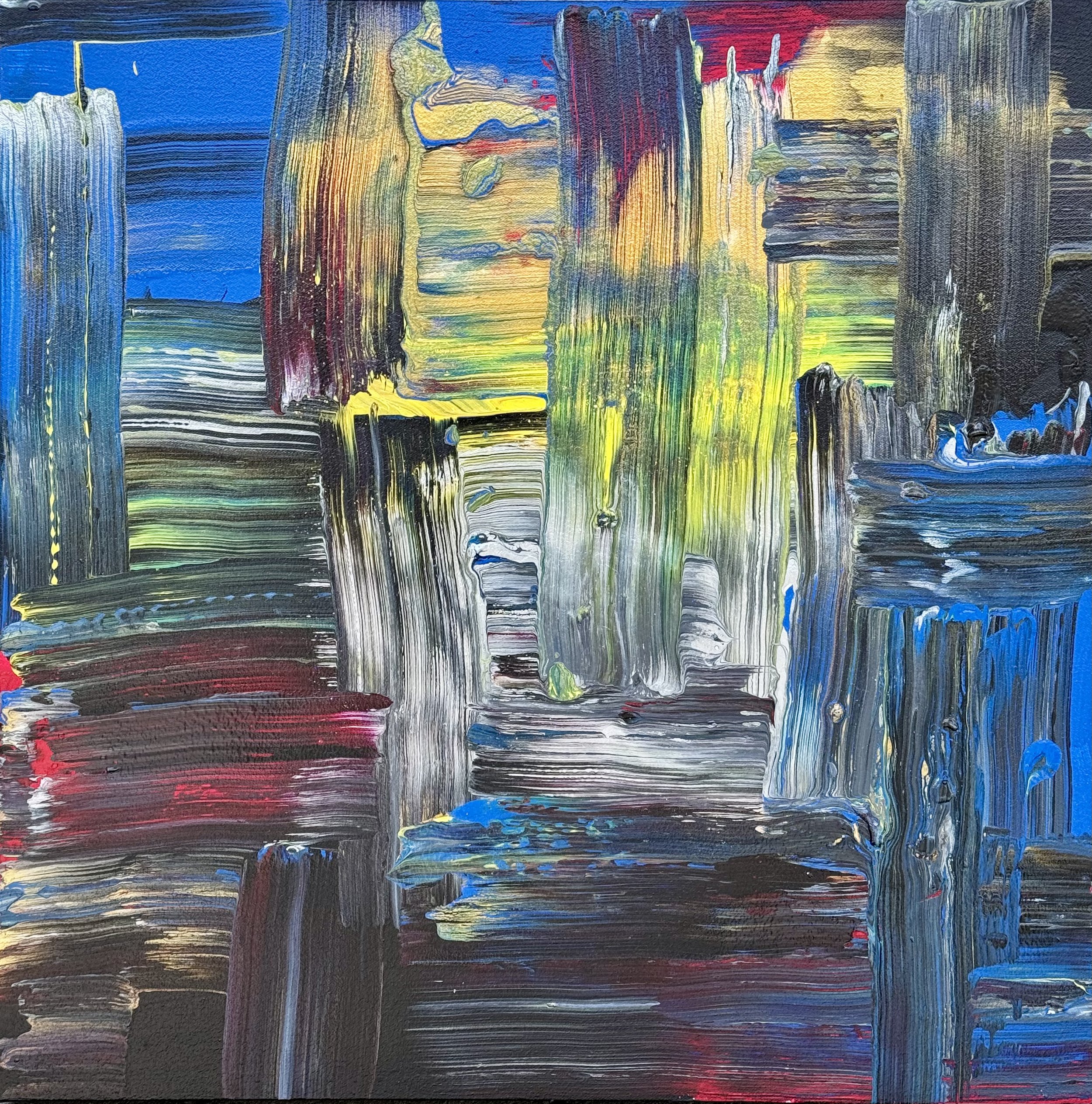 Abstract painting with vertical and horizontal brush strokes in colors such as blue, yellow, red, green, black, and white.
