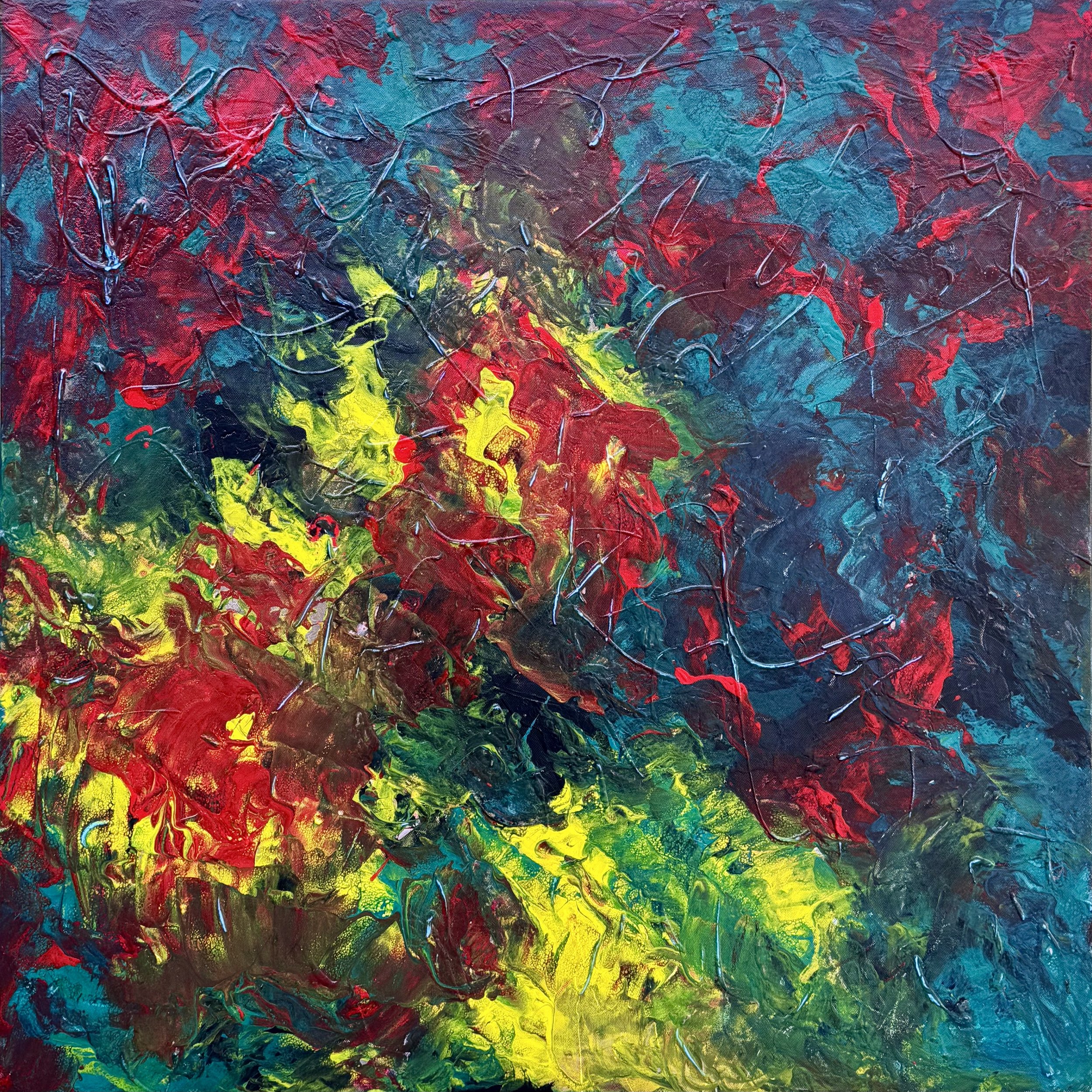 Abstract painting with swirling blues, reds, greens, yellow, and black colors, with thick textured paint strokes and lines.